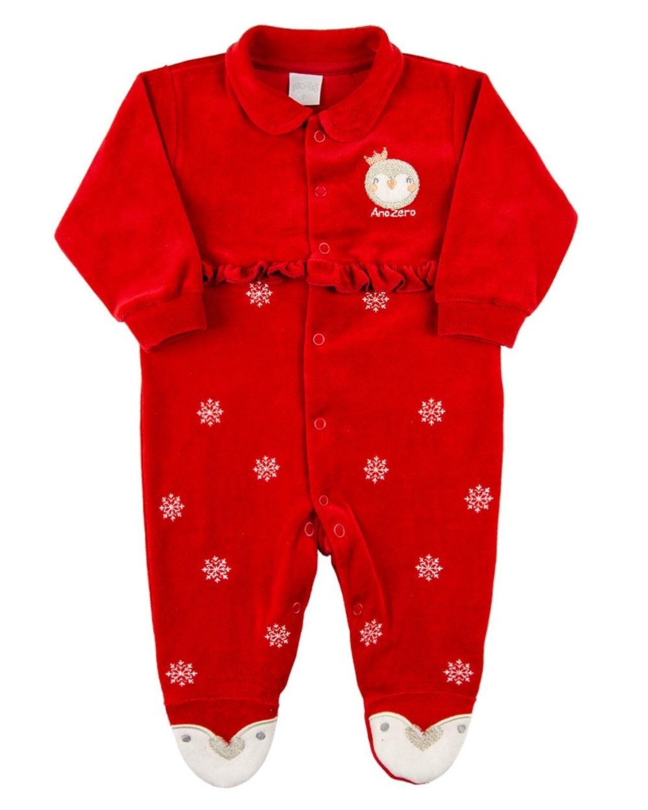 Infantil – Macacão Plush Bordado Pinguim – Vermelho