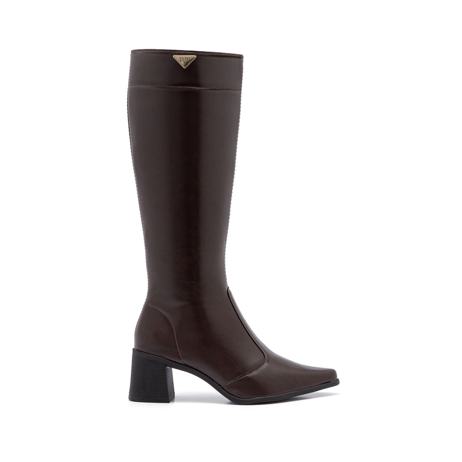Bota Feminina Montaria Stessy Cano Alto Bico Fino Salto Confortável Lisa Elegante Moda Inverno Marrom Brownie