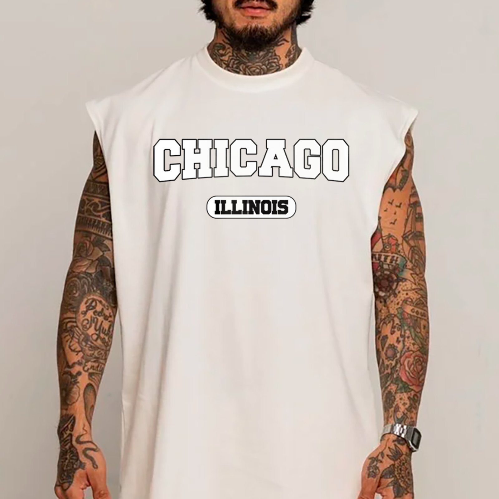 Camiseta Regata Machão Chicago USA Estilo College Street Branco