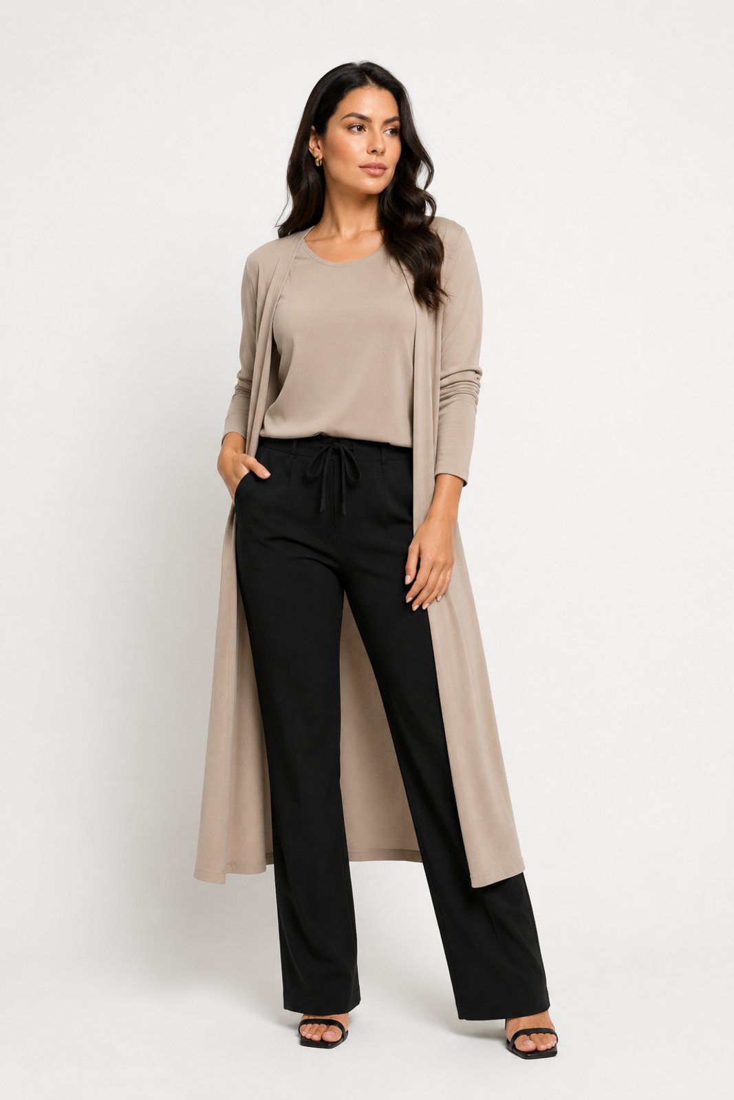 Conjunto Blusa e Kimono D Bell Outlet Fashion Café com Leite
