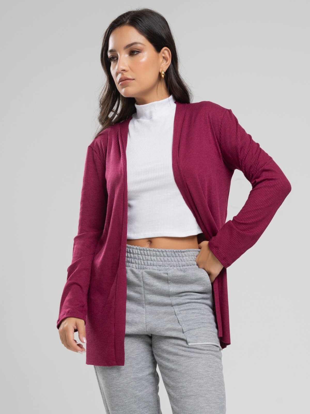 Vista 3 Cardigan Canelado Vicbela Kimono Manga Longa Aberto bordô/vinho Vicbela bordô/vinho