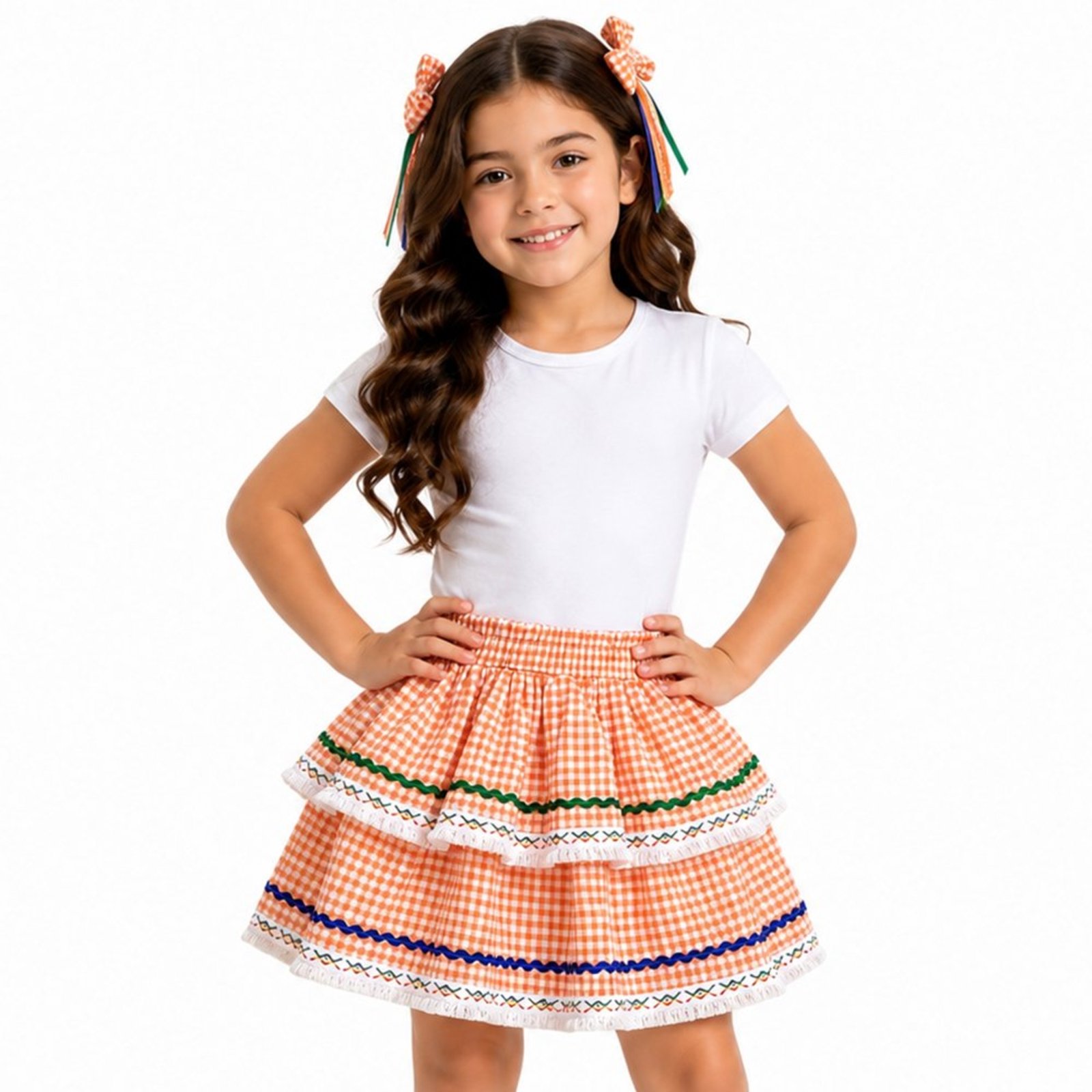 Infantil - Saia Junina Juvenil Look Jeans Babado Xadrez Laranja