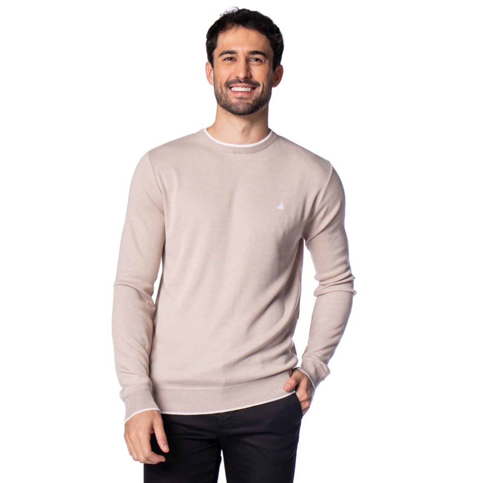 Suéter Masculino John Sailor Tricot Liso Bege/Branco