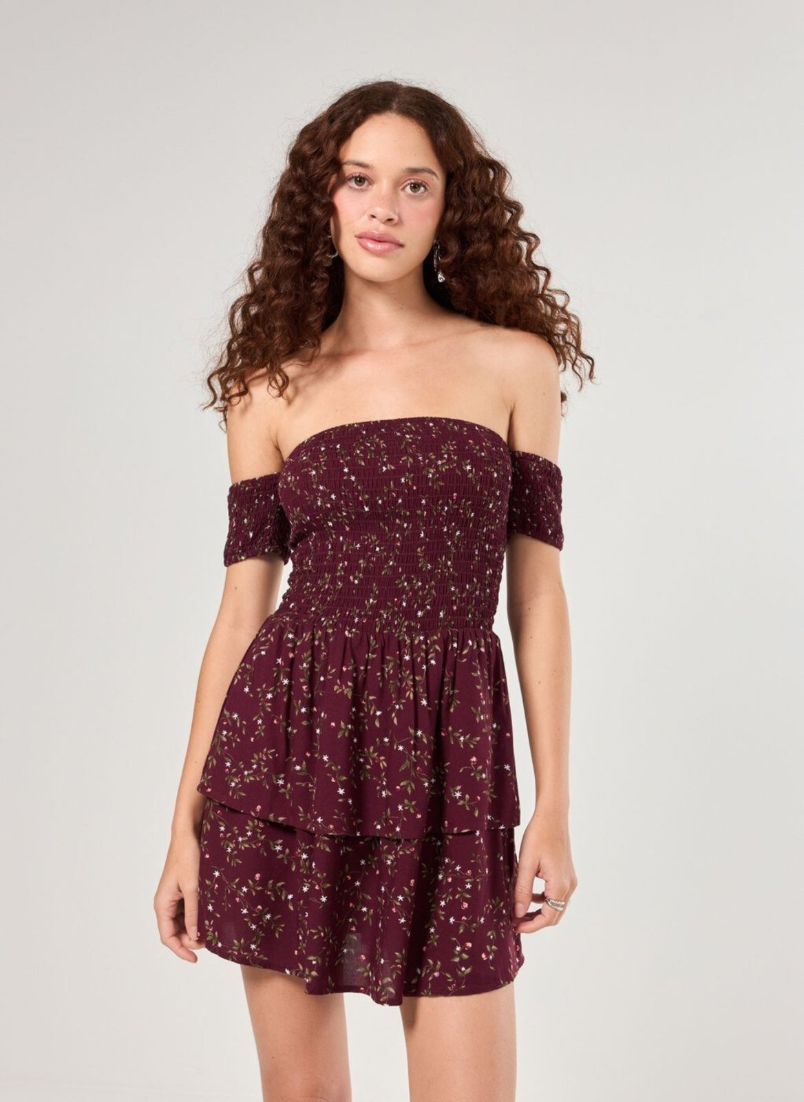 Vestido Ombro A Ombro Estampado Bordô