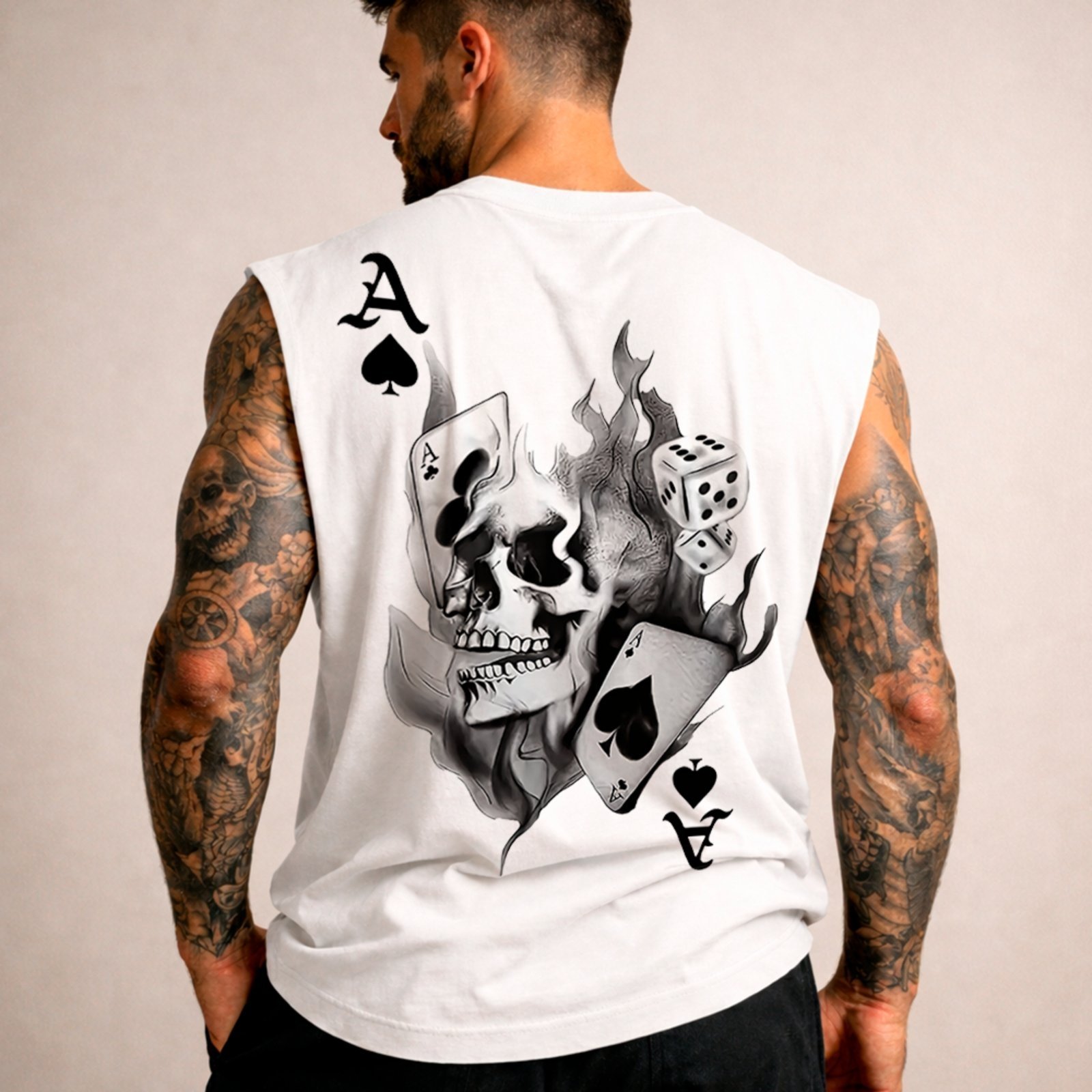 Camiseta Regata Machão Poker Skull Estilo Urbano Branco