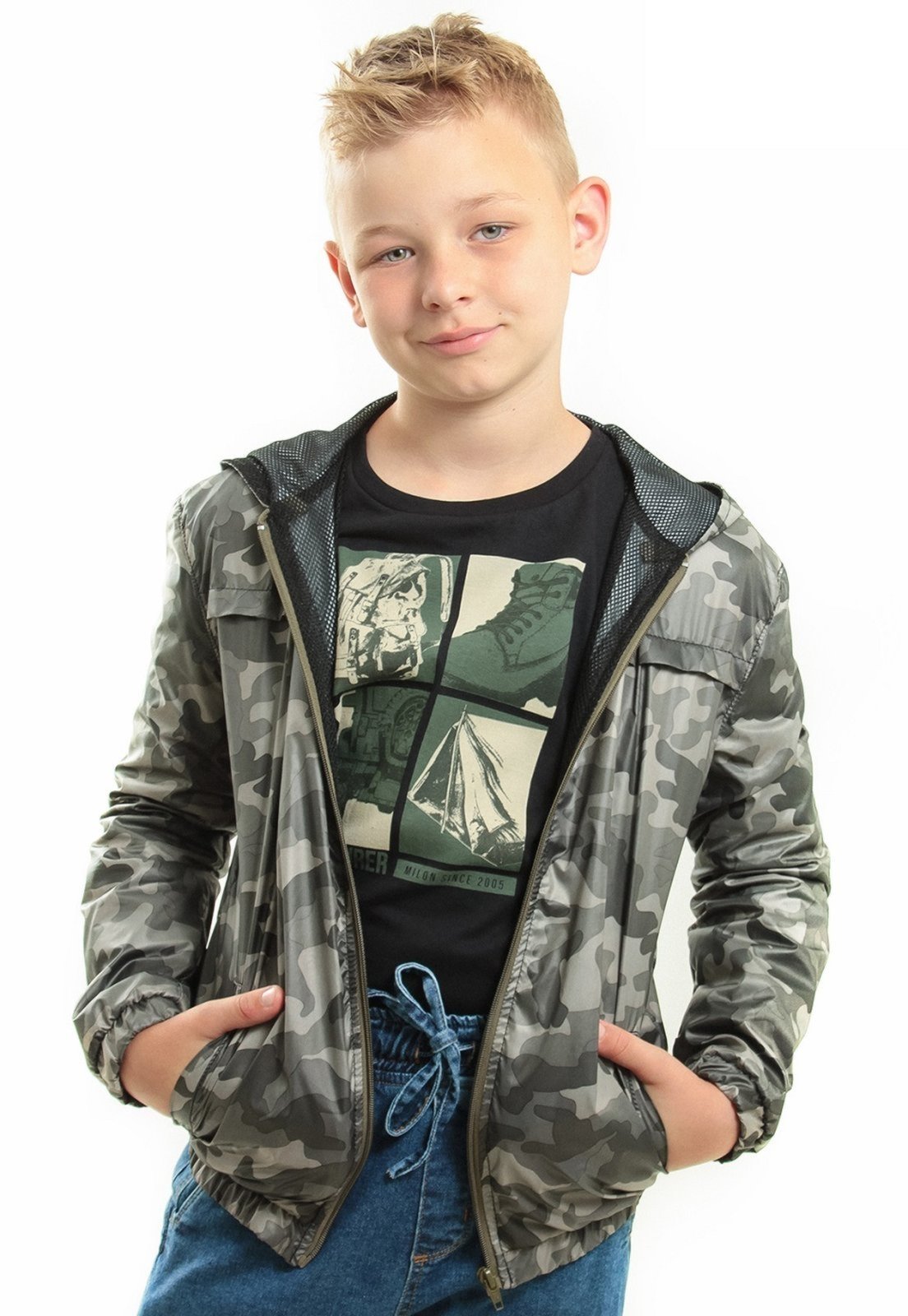 Infantil – Jaqueta Masculina Corta Vento Camuflada