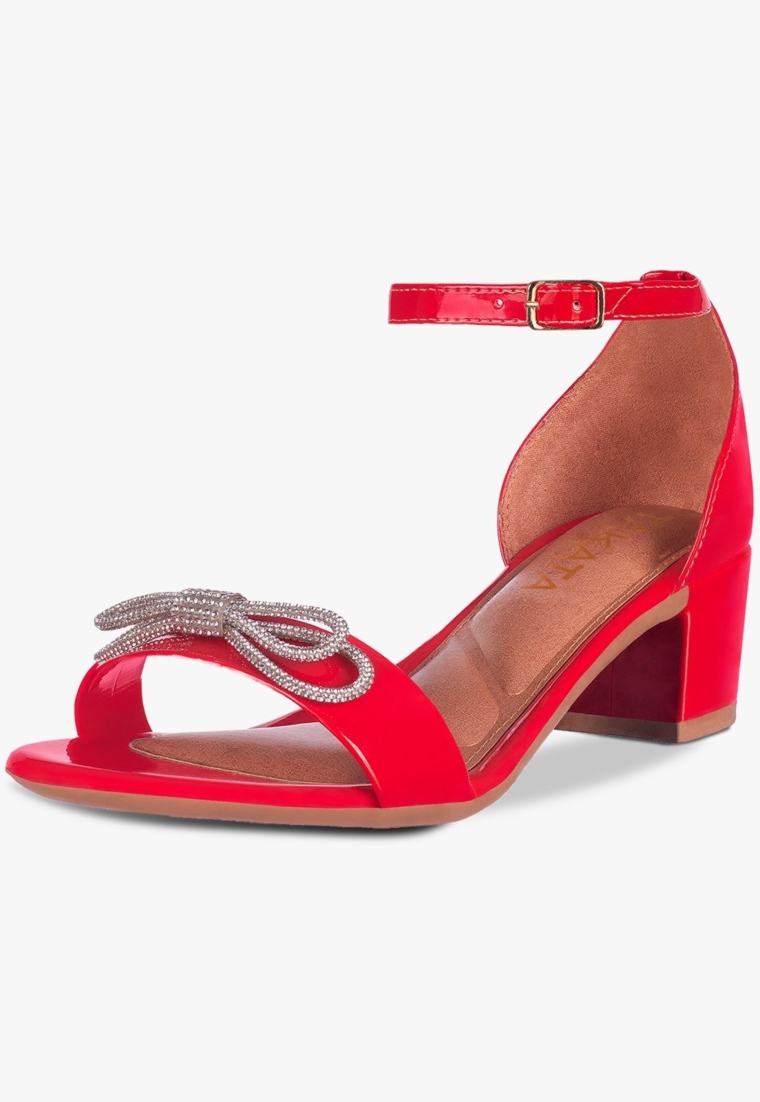 Sandália Feminina Salto Quadrado Bloco Baixo Laço Cristal Vermelho