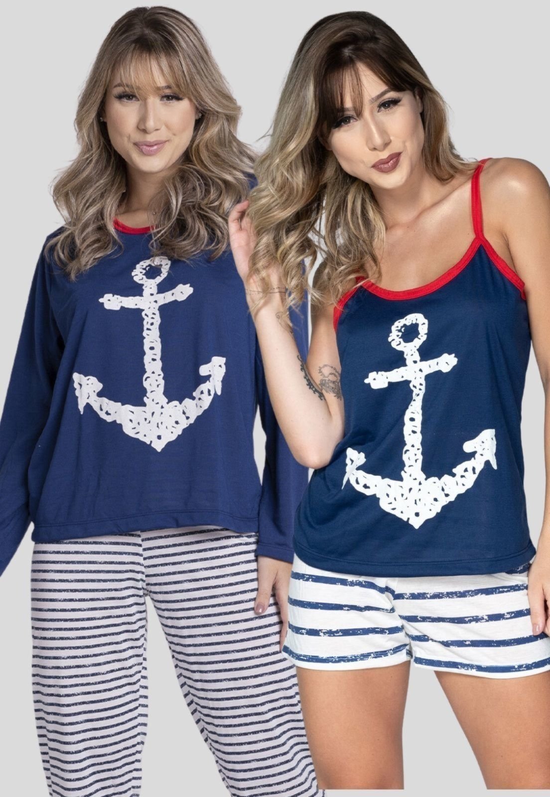 Combo Pijamas WLS Modas Manga Longa Calça e Alça Fina Short Âncora Azul Marinho