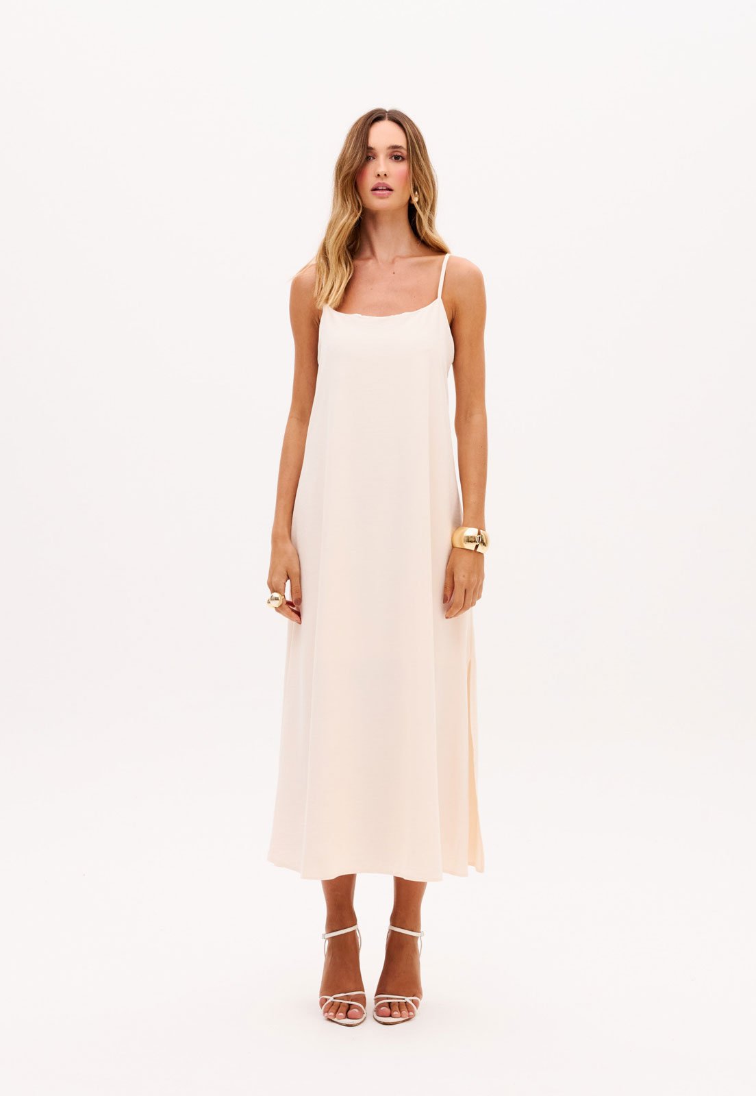 Vestido Feminino Lança Perfume Midi Alças Finas Off-White