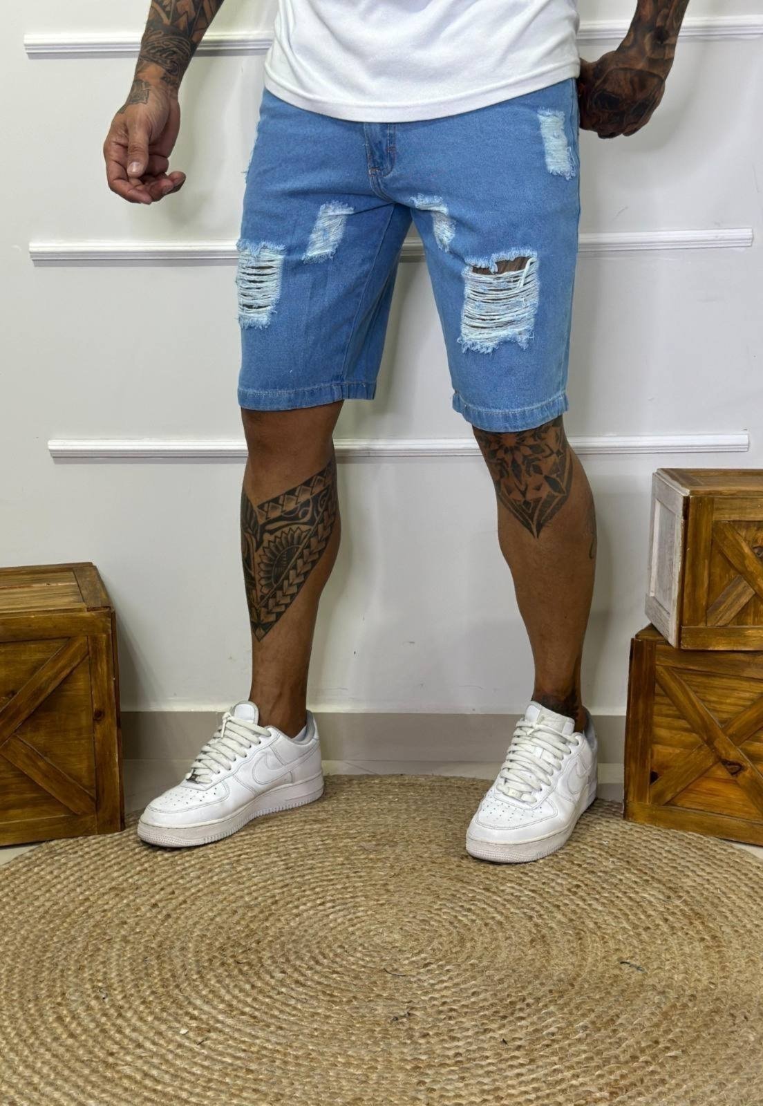 Bermuda Jeans Masculina Tempo Hábil Slim Destroyed Azul Claro