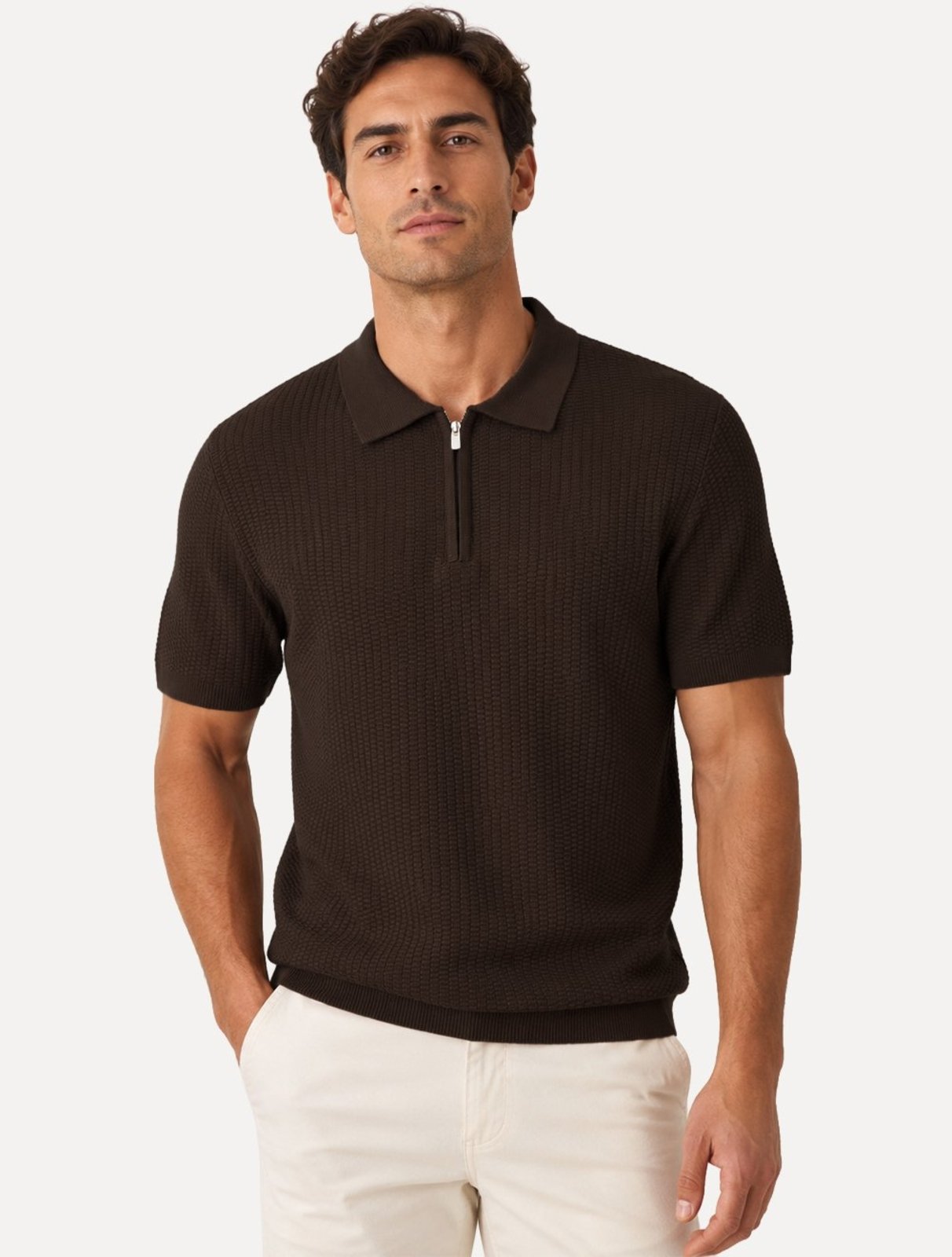 Polo Dixen Masculina Tricot Texturizada Manga Curta Ziper Marrom
