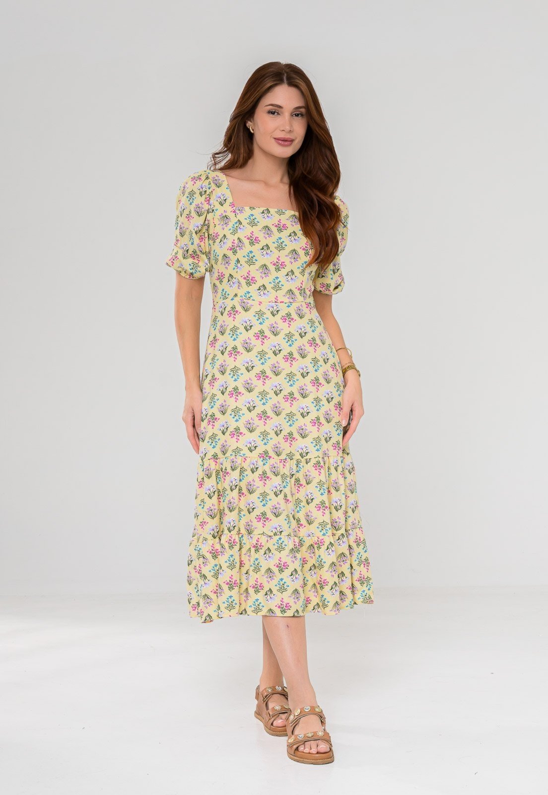 Vista 2 Vestido Aura Pietra Linho Floral Luzente amarelo Aura amarelo