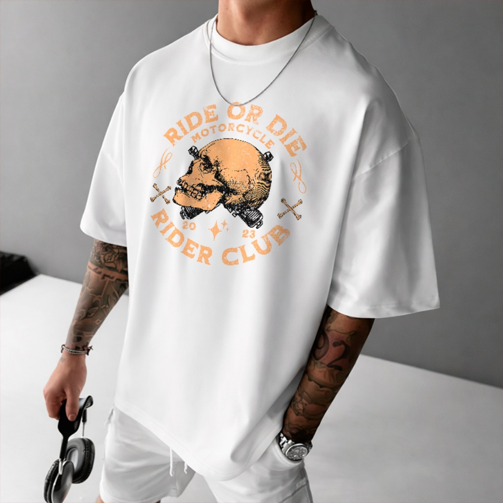 Camiseta Oversized Ride or Die Motorcycle Club Vintage Unissex Branco