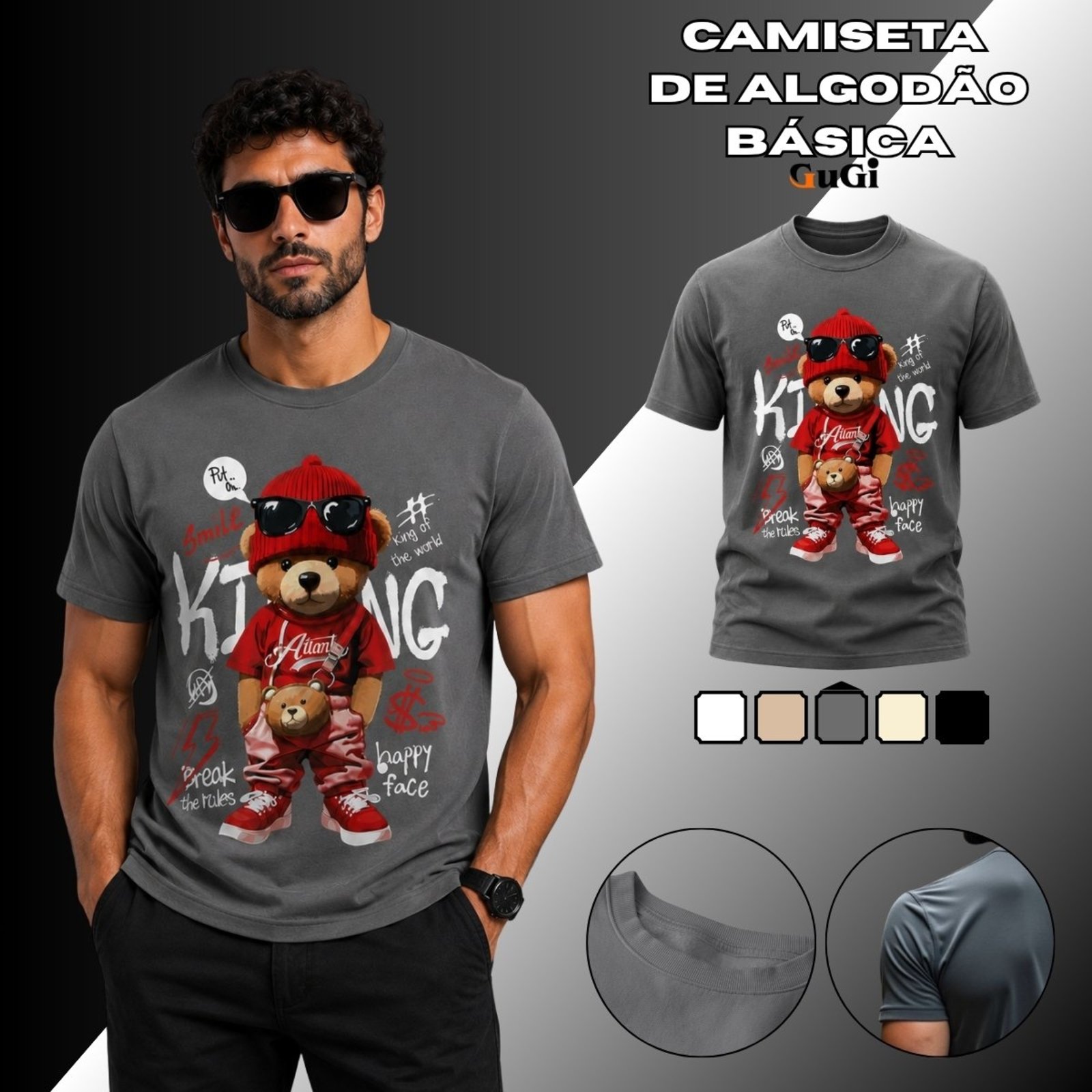 Camiseta Masculina Urso Hip Hop Street 100% Algodão 30.1 Chumbo