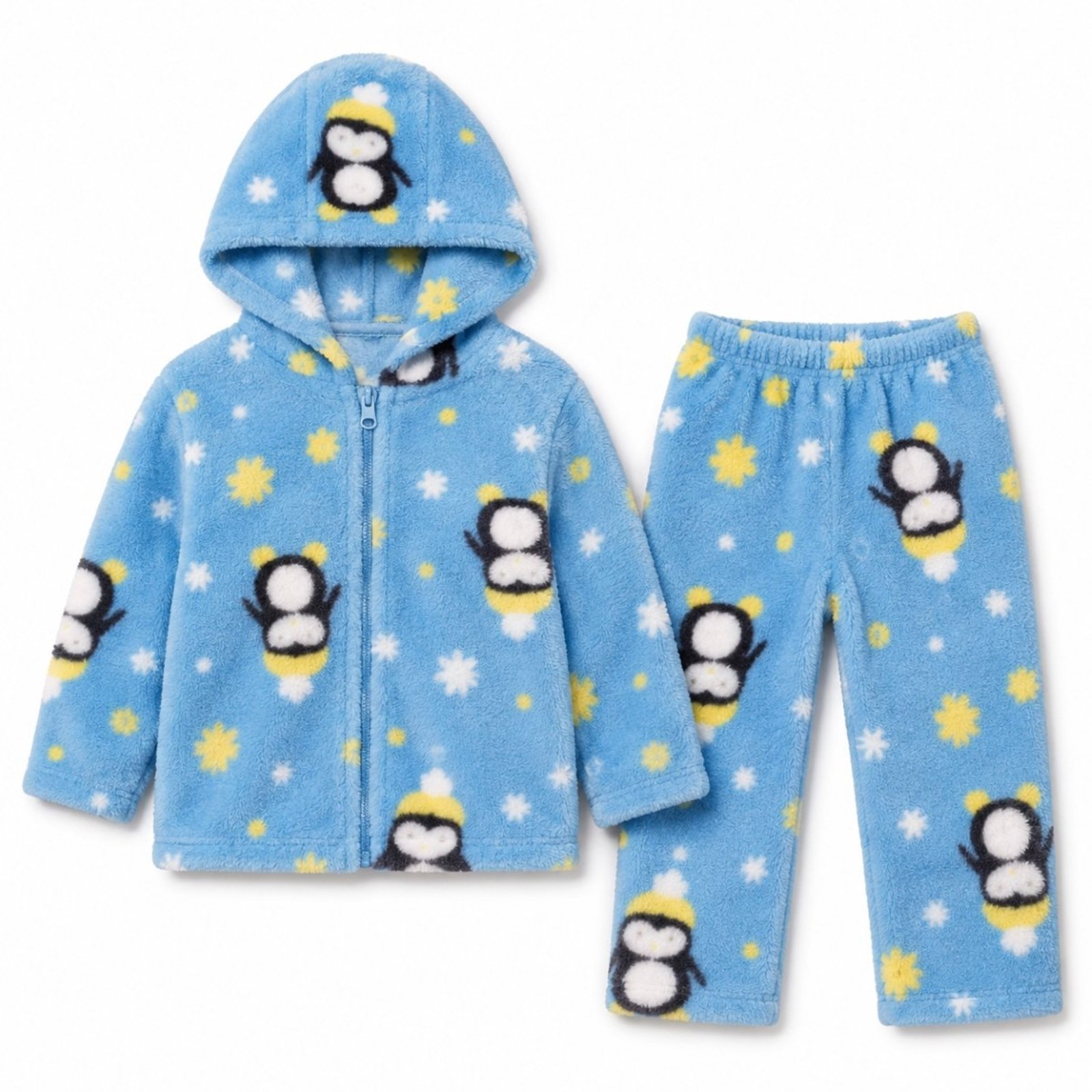 Infantil - Conjunto Plush Peluciado Capuz Com Zíper Casaco e Calça PINGUIM AZUL