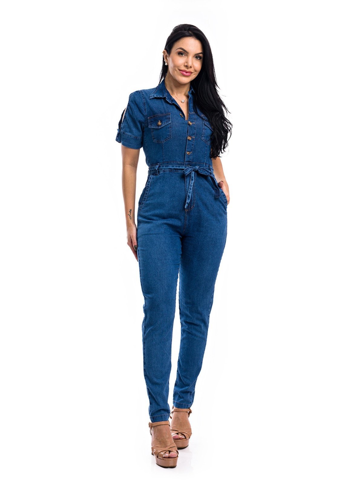 Vista 2 Macacão Jeans Restrito Jeans Com Mangas e Elastano azul Restrito Jeans azul