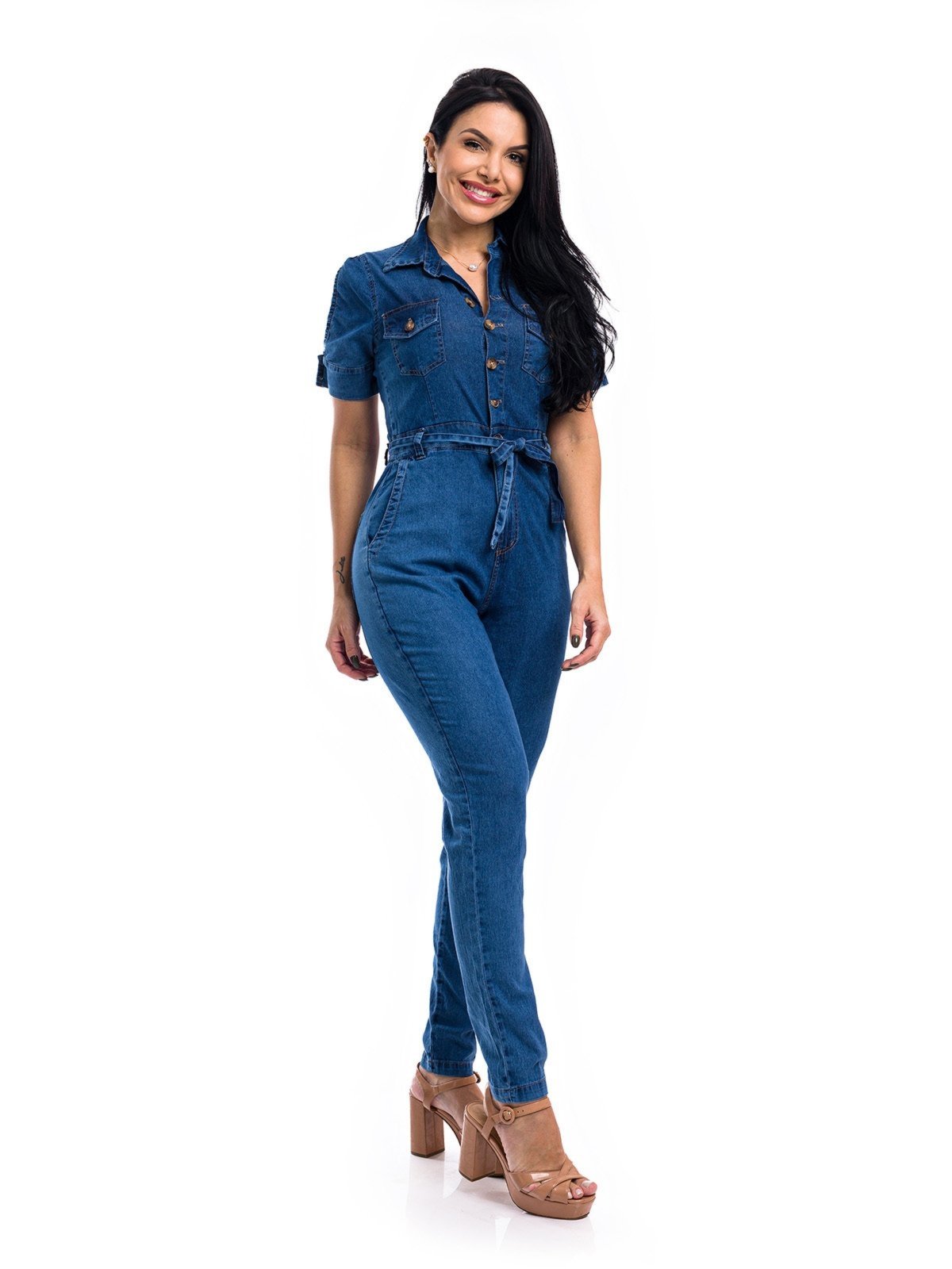 Vista 3 Macacão Jeans Restrito Jeans Com Mangas e Elastano azul Restrito Jeans azul