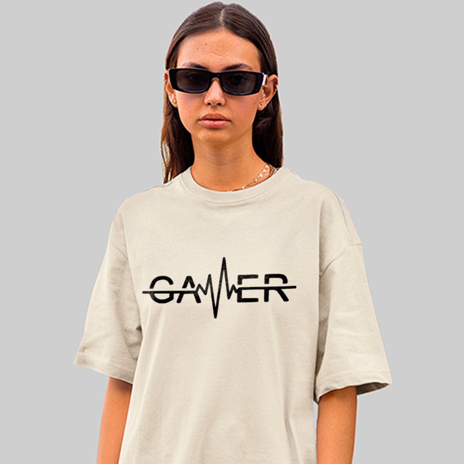 Camiseta Oversized Gamer Heartbeat Pulse Estilo Nerd Geek Style Unissex Off White