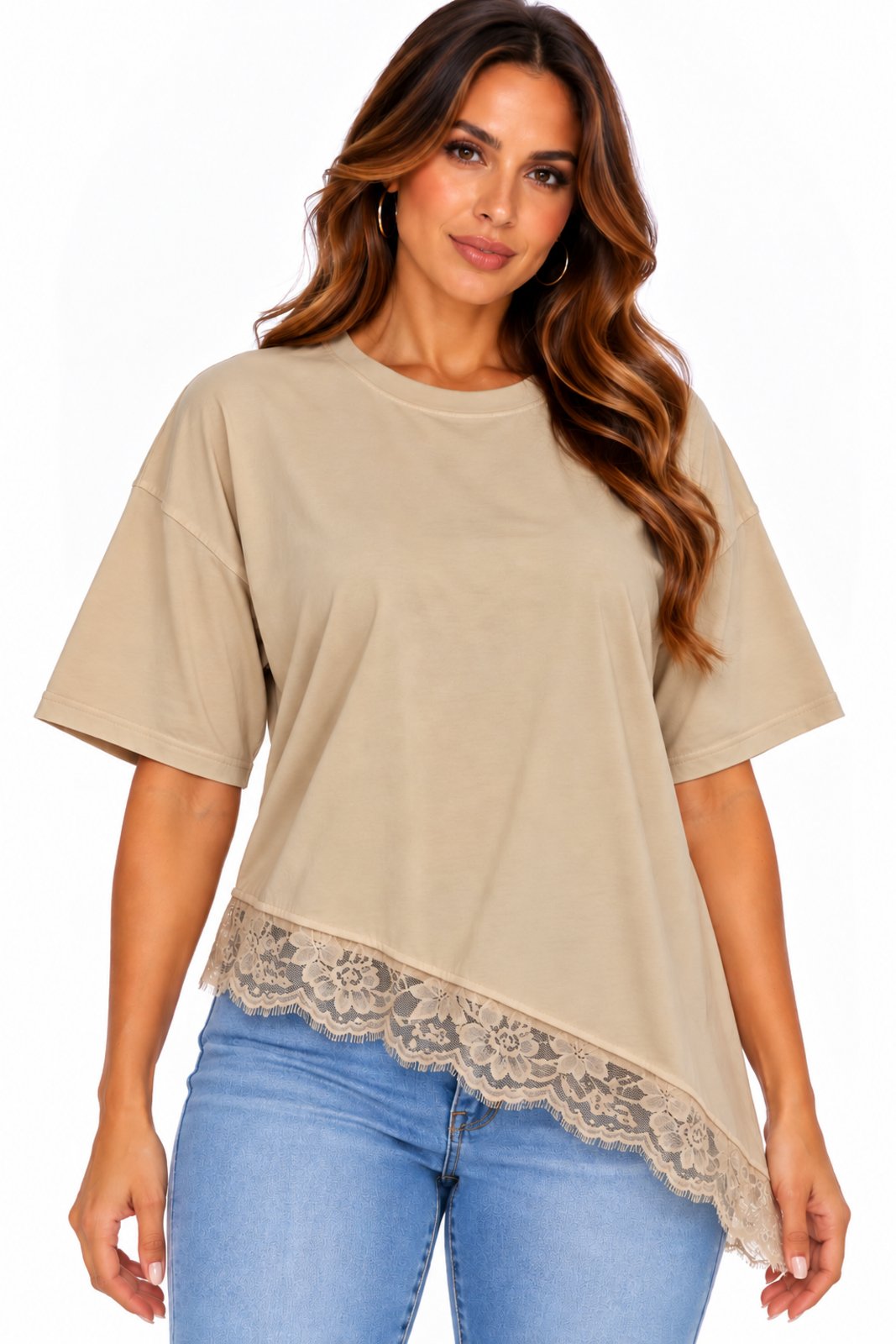 Blusa Feminina D Bell Outlet Fashion Barra Assimétrica Renda Caqui