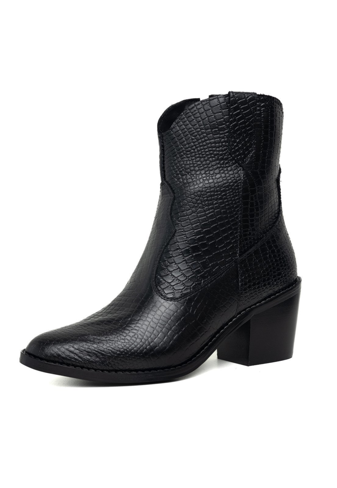 Bota Western Texana Bico Fino Cano Curto Country Couro Croco Preto Tellini Store