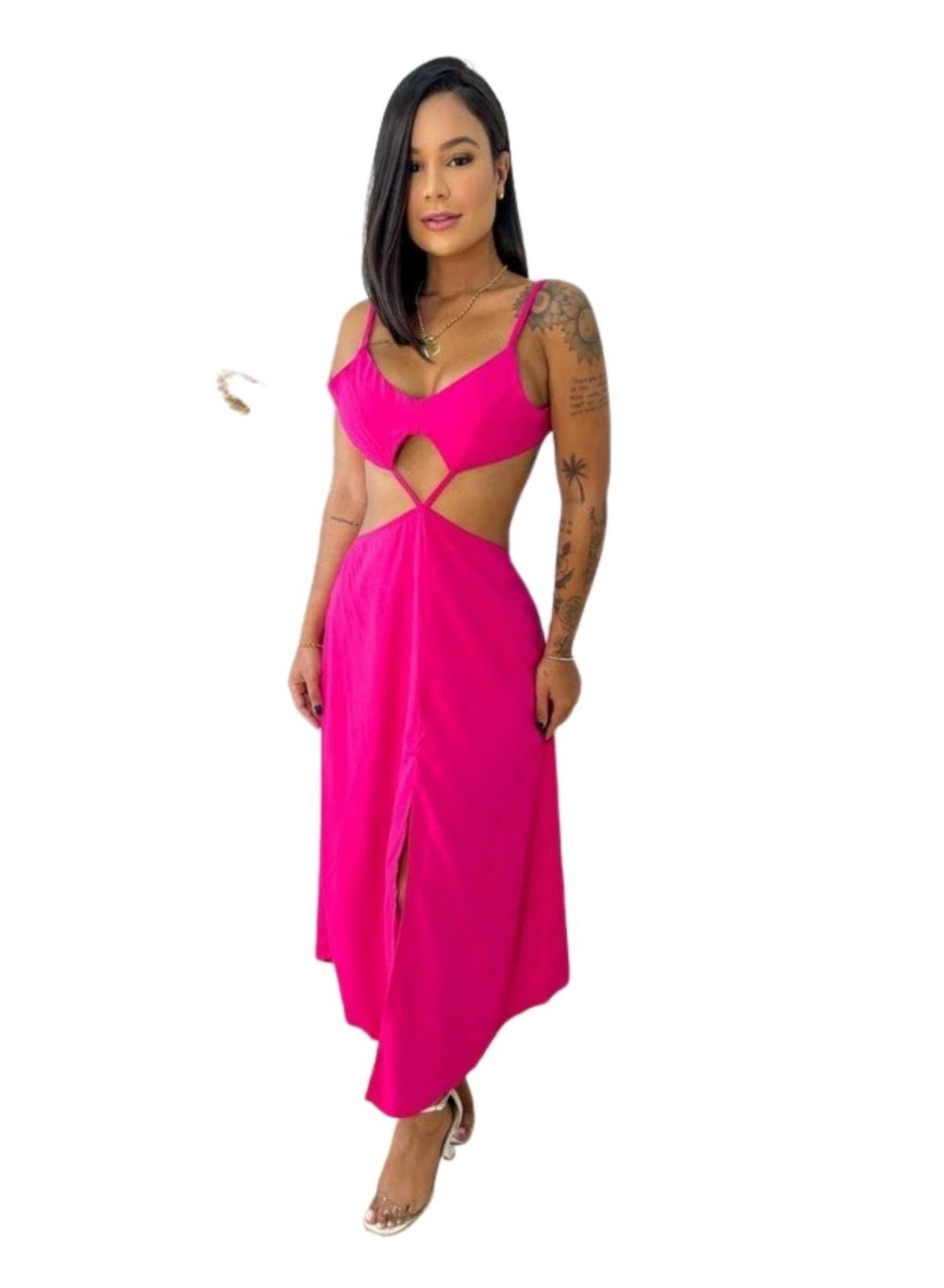 Vestido Midi Viscose Abertura Laço Amarração Pink Rosa
