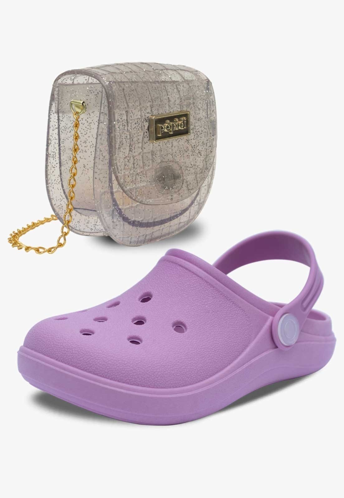 Infantil – Kit Bolsa e Sandalia Babuche Chinelo Pópidi Menina Lilas e Glitter Prata