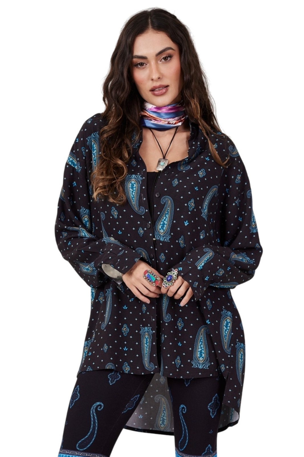 Camisa Ampla Manga Longa Azul Marinho cashmere Yacamim A16 – Preto