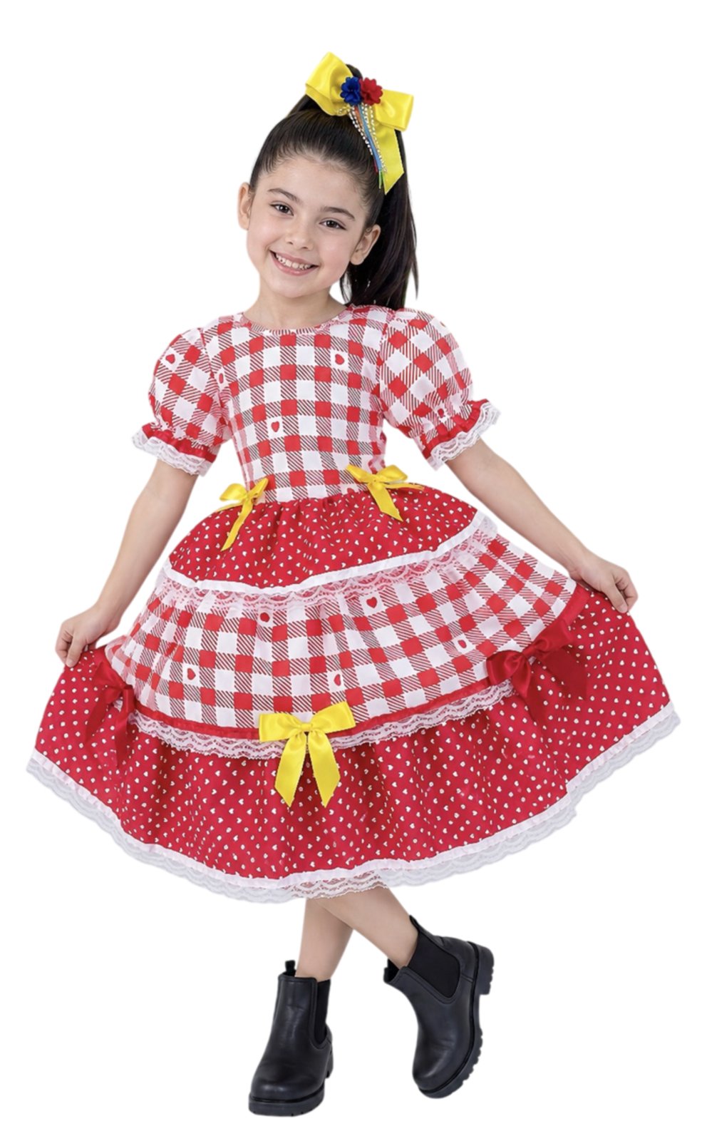 Infantil - Vestido Xadrez Festa Junina Vermelho Laços Junino Caipira Quadrilha Sinhá Rodado Luxo Menina