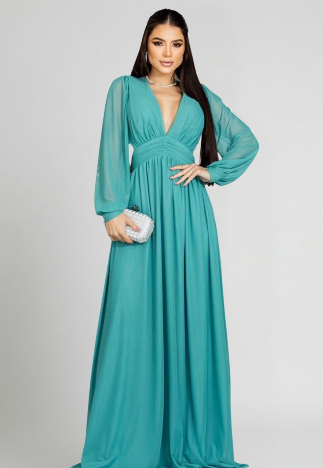Vestido Feminino 77VS Levosch Longo Tule Manga Longa Verde Tiffany