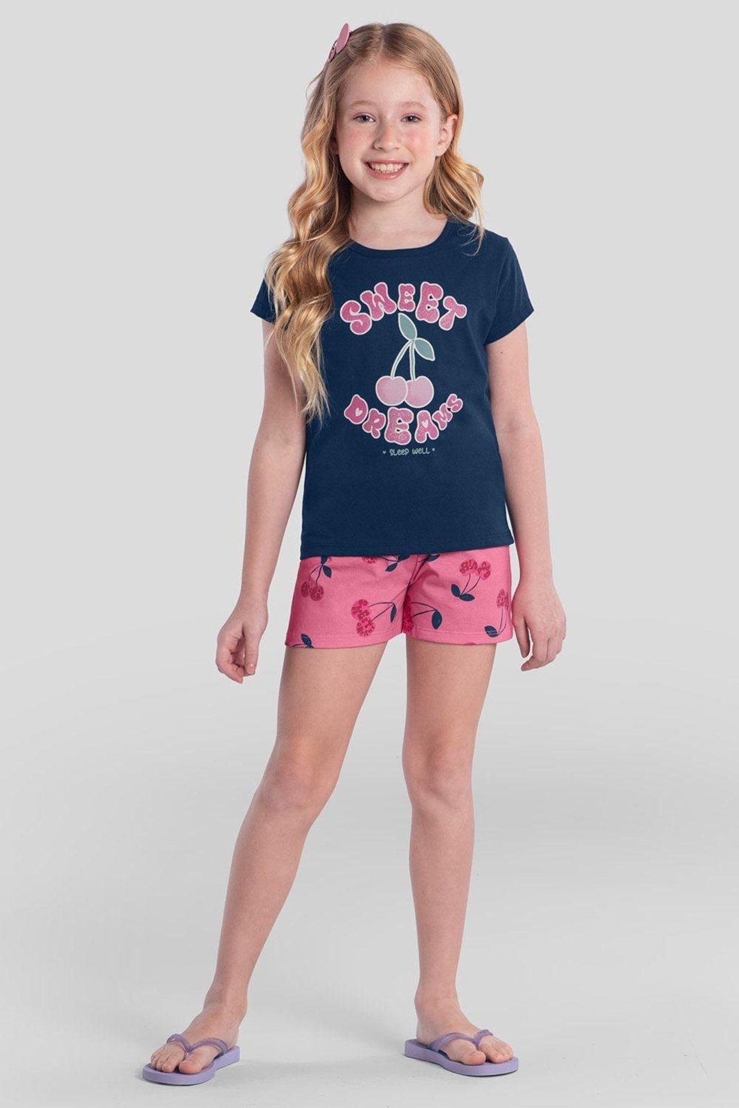 Pijama menina de cereja brilha no escuro Brandili Azul