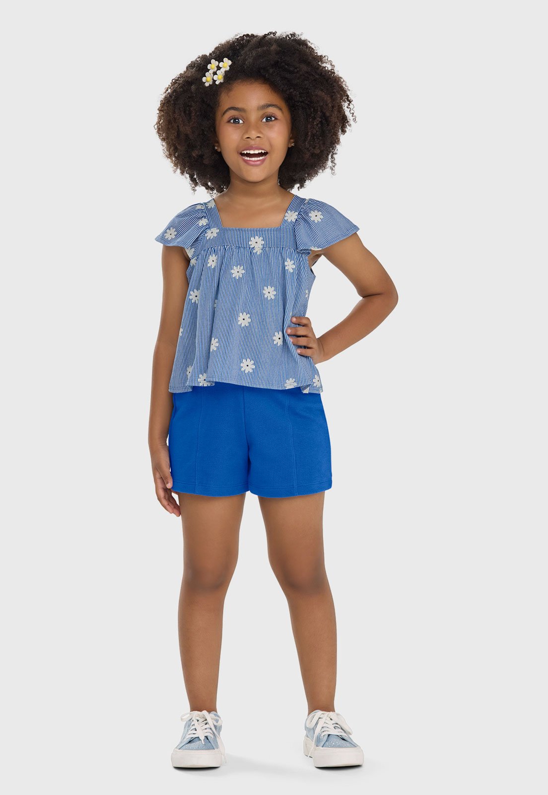 Infantil - Conjunto Elian Blusa Babado e Short Algodão Azul