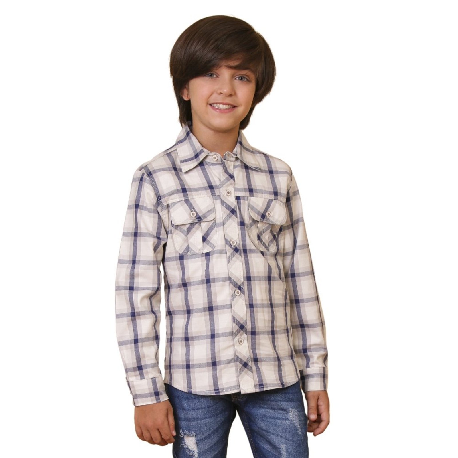 Infantil - Camisa Juvenil Look Jeans Sarja Xadrez Bege