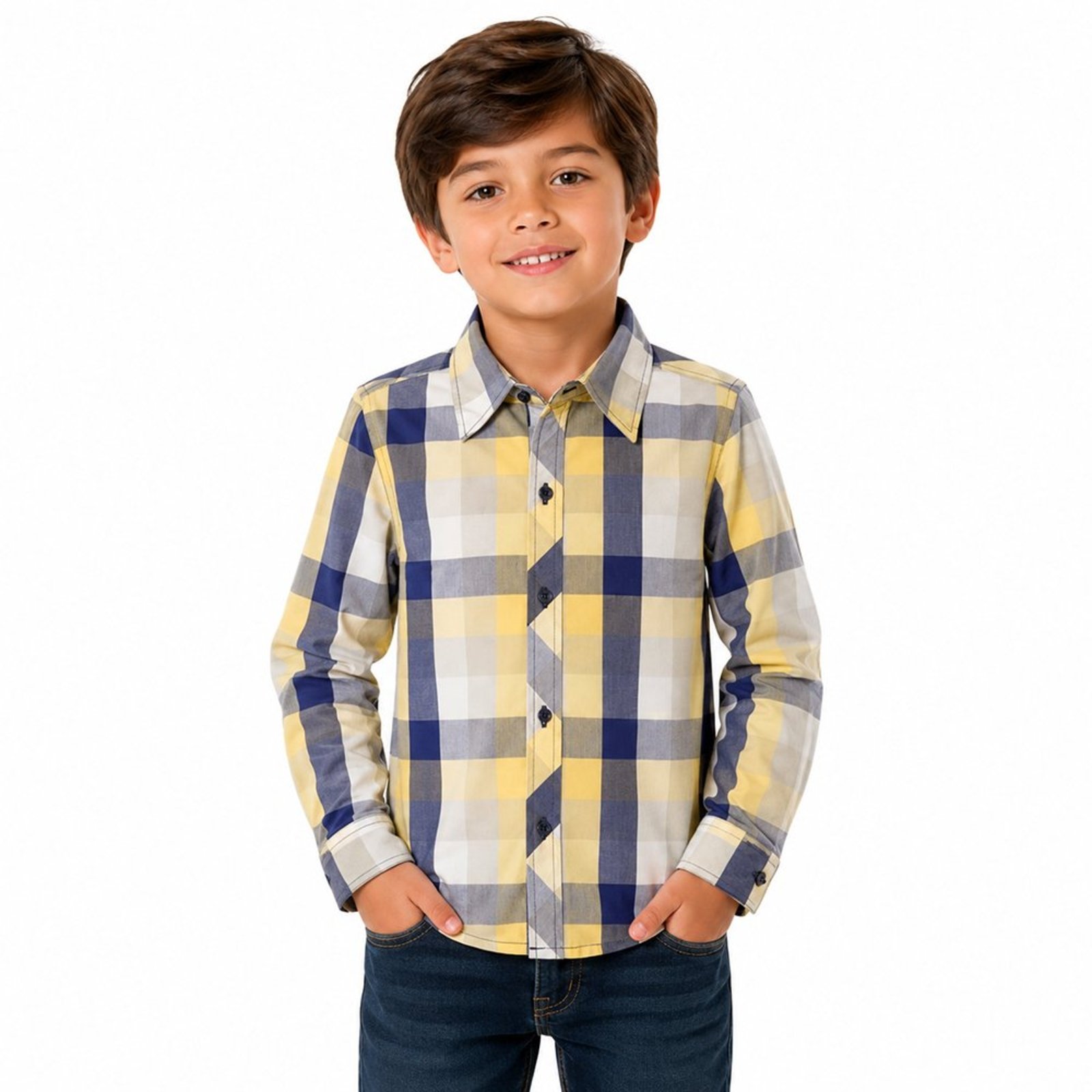 Infantil - Camisa Juvenil Look Jeans Manga Longa Xadrez Amarelo