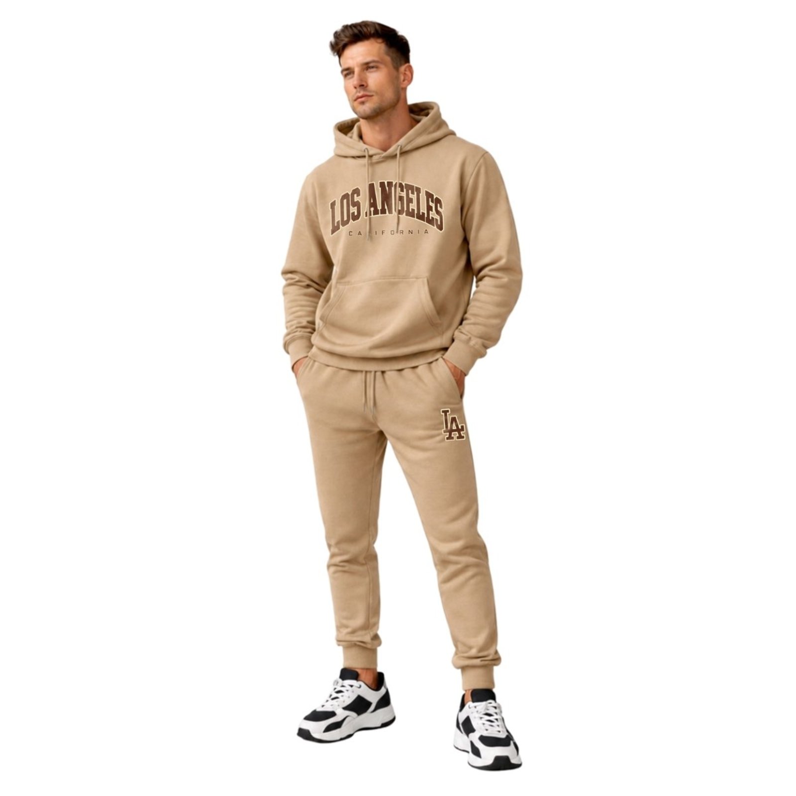 Conjunto de Inverno Casaco Moletom Masculino + Calça Jogger Ideal para Dias Frios Los Angeles Bege