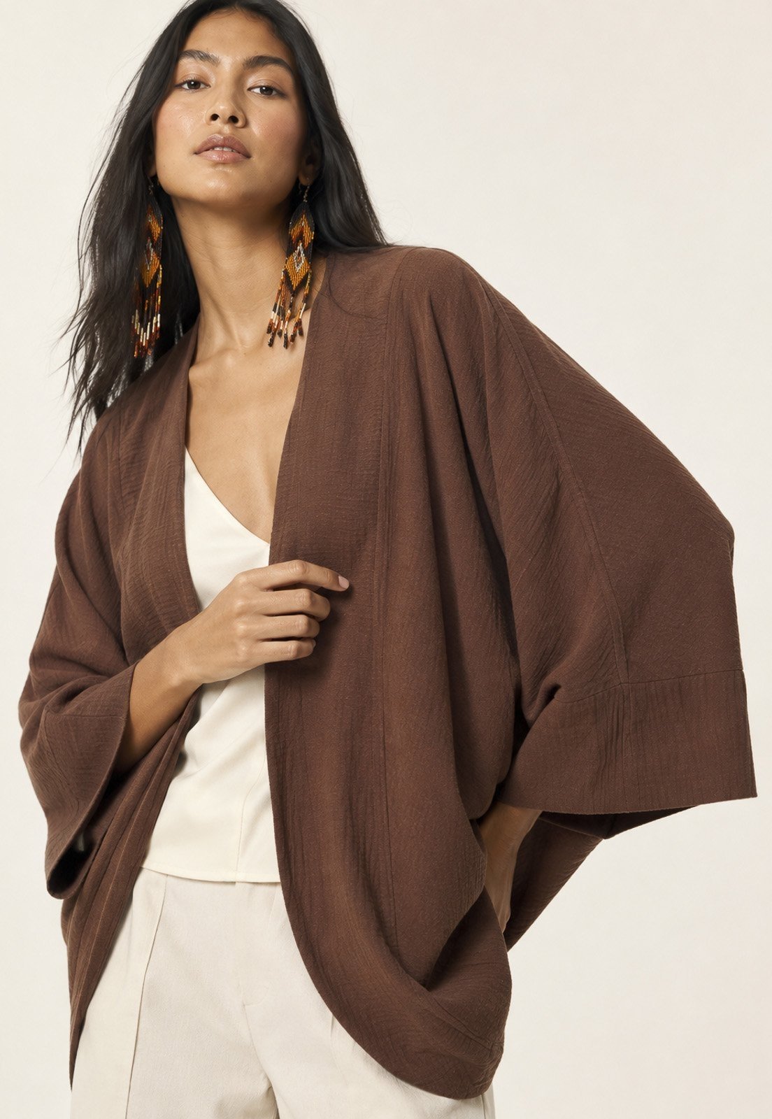 Kimono Amazonia Vital de Algodão Manga Ampla Marrom