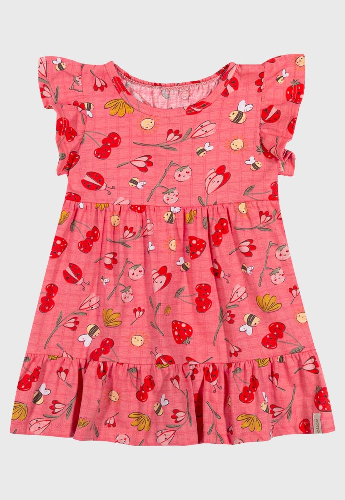 Vestido Elian Estampado Babado Frutas Rosa