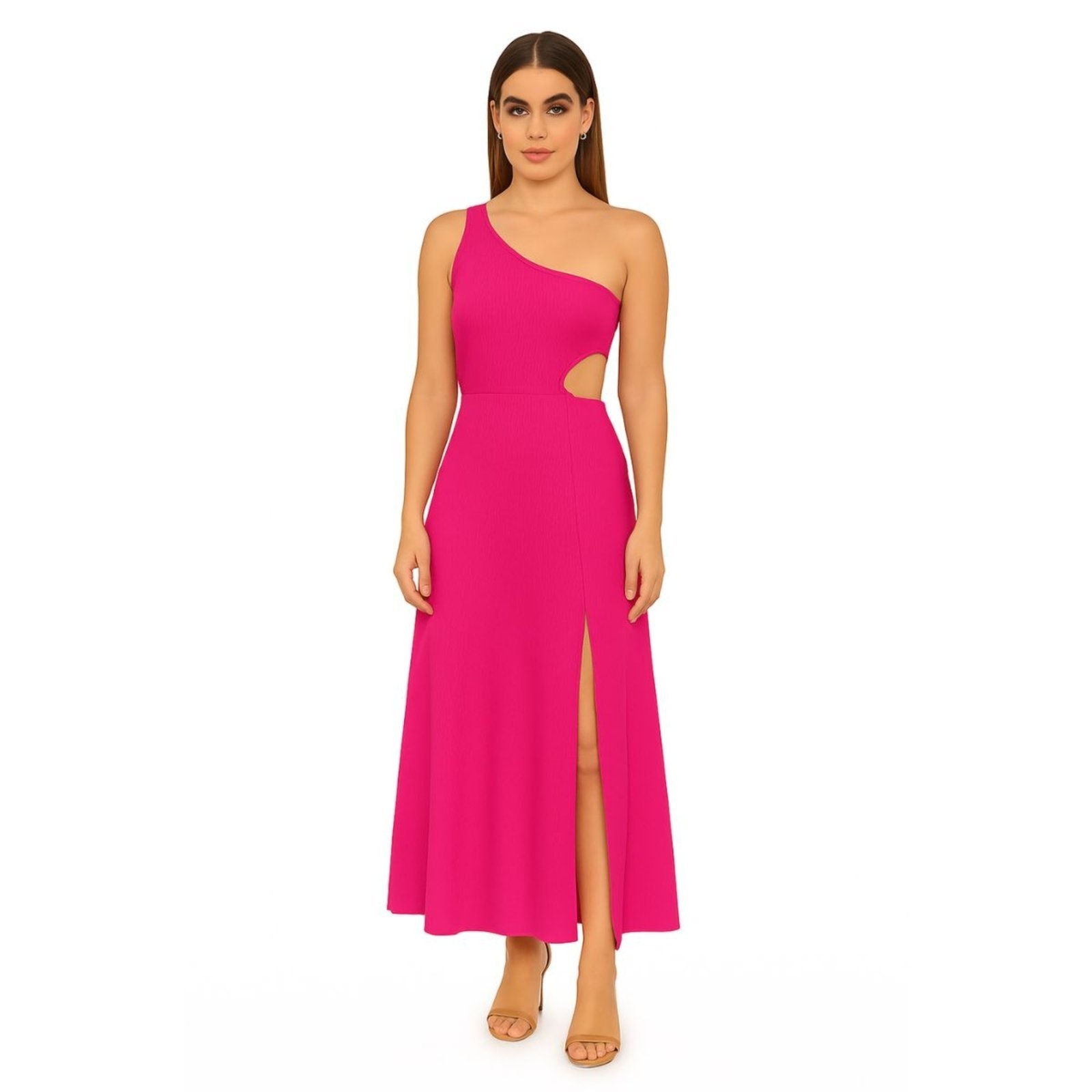 Vestido Longo FMF Rosa Assimétrico com Fenda e Recorte Lateral Elegância Moderna