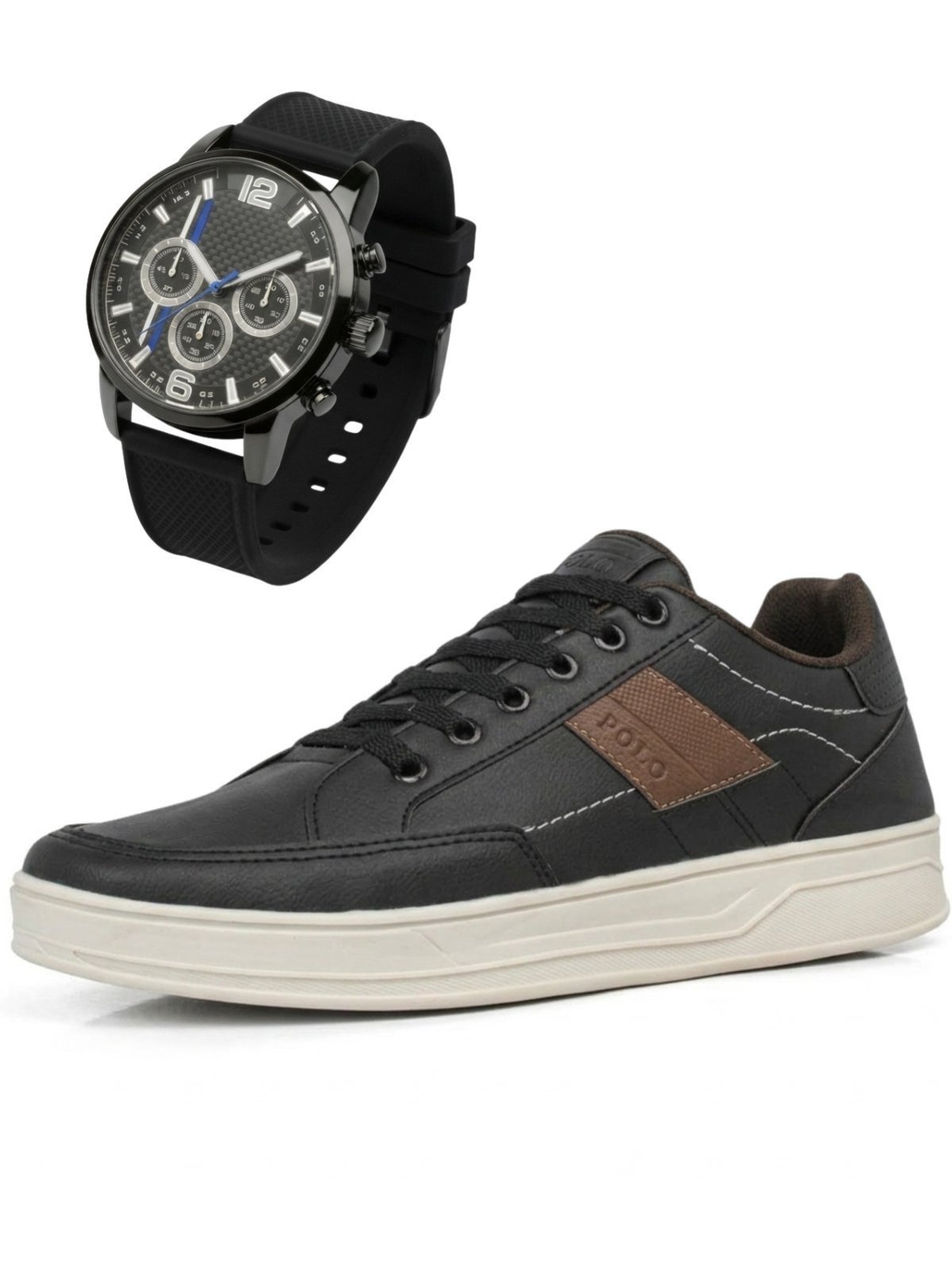 Sapatênis Masculino Com Relógio Tênis Liso Preto Sneakers Polo Cupsole Dia a Dia