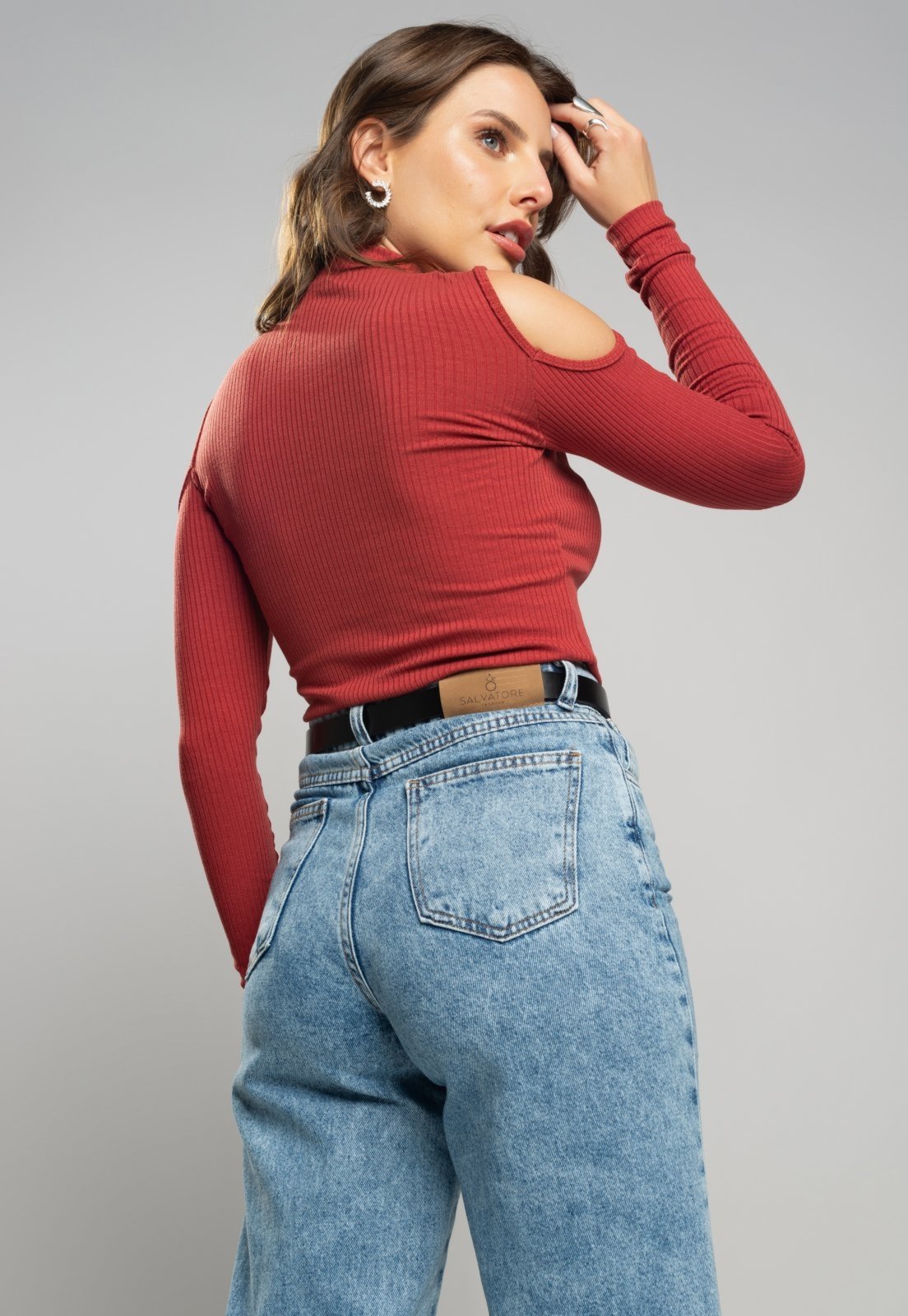 Vista 3 Blusa Salvatore Ombro Vazado Manga Longa Canelada Terracota laranja laranja