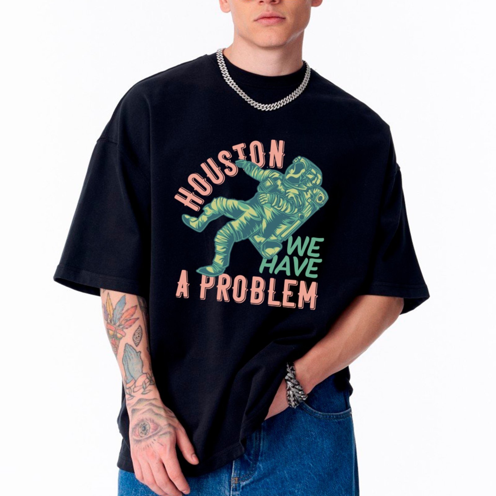 Camiseta Ousy Houston We Have a Problem Oversized Unissex Preto