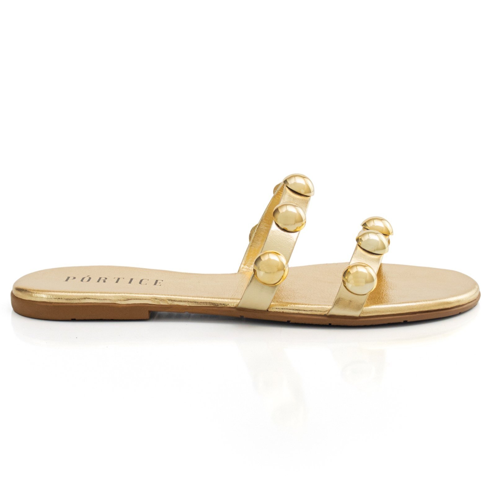 Sandália Feminina Rasteira Flat Flatform Enfeite Metal Brilho Dourado