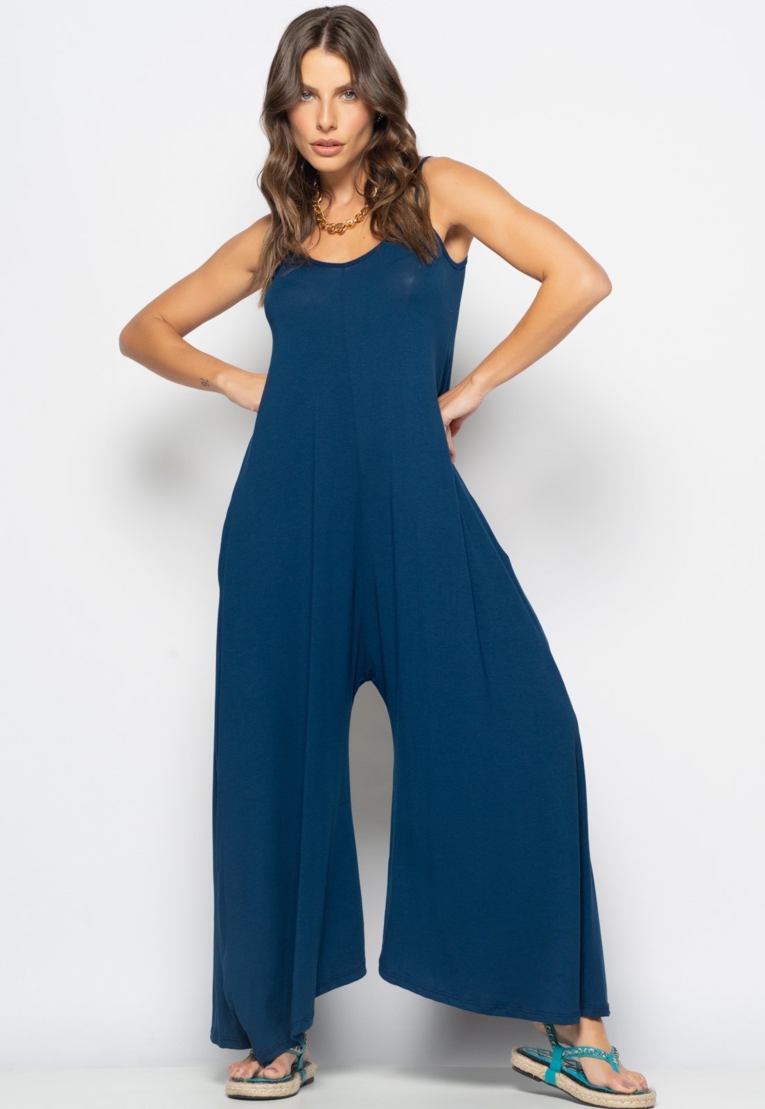 Macacão Alcinha Pantalona Malha Salvatore Azul Marinho