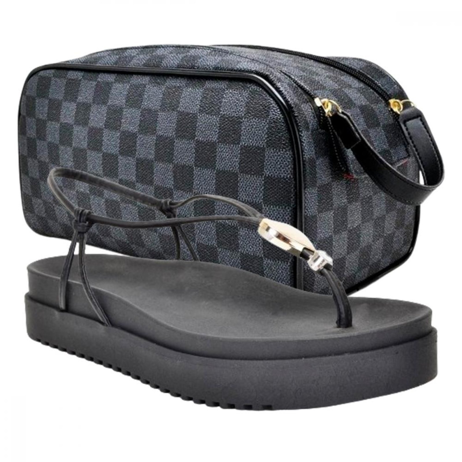 Kit Sandália Feminina com Solado Anatômico e Bolsa Necessaire Espaçosa Conforto e Estilo Preto