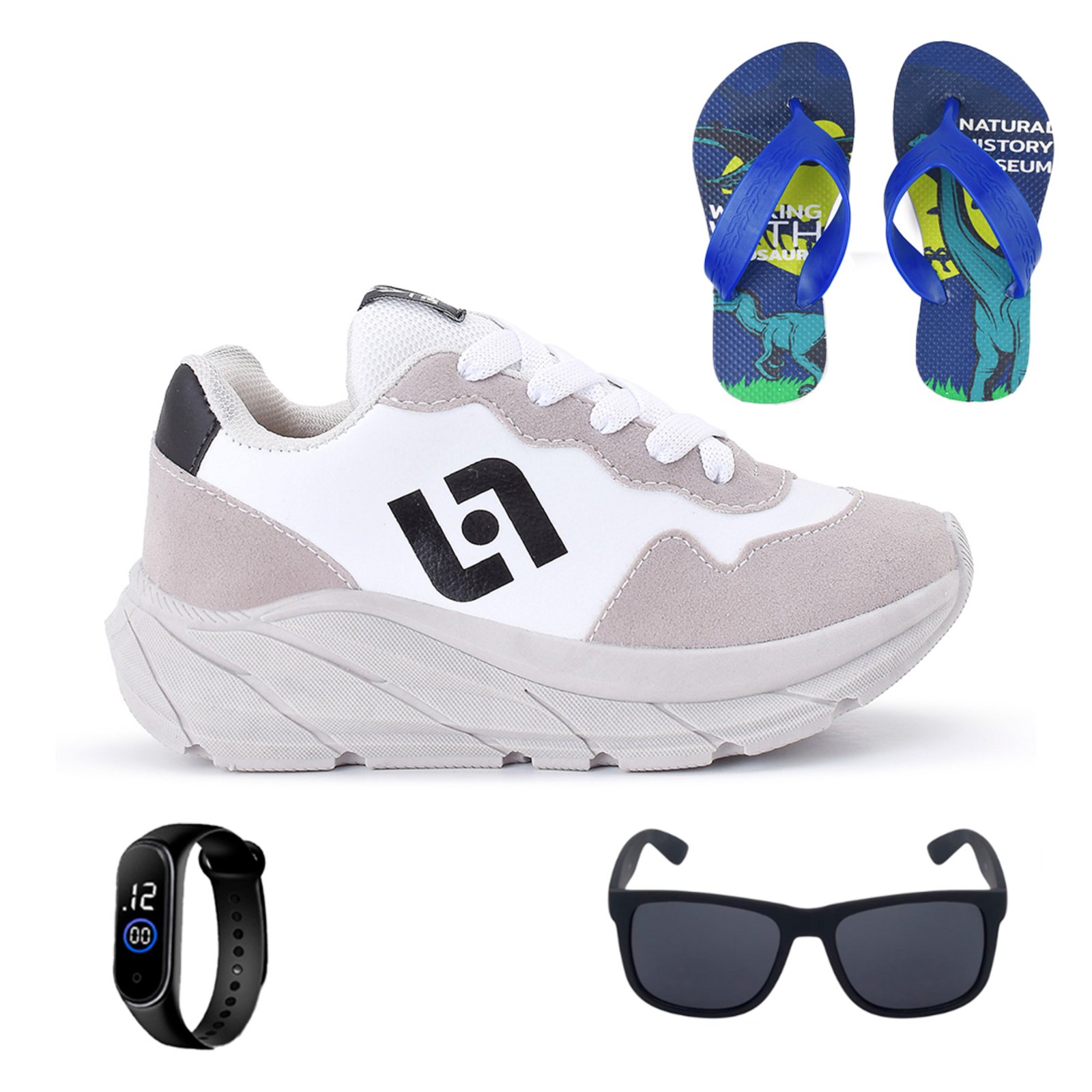 Infantil – Tenis Meninos Jogger Escolar Casual Camurça + Chinelo Oculos Relogio Bege