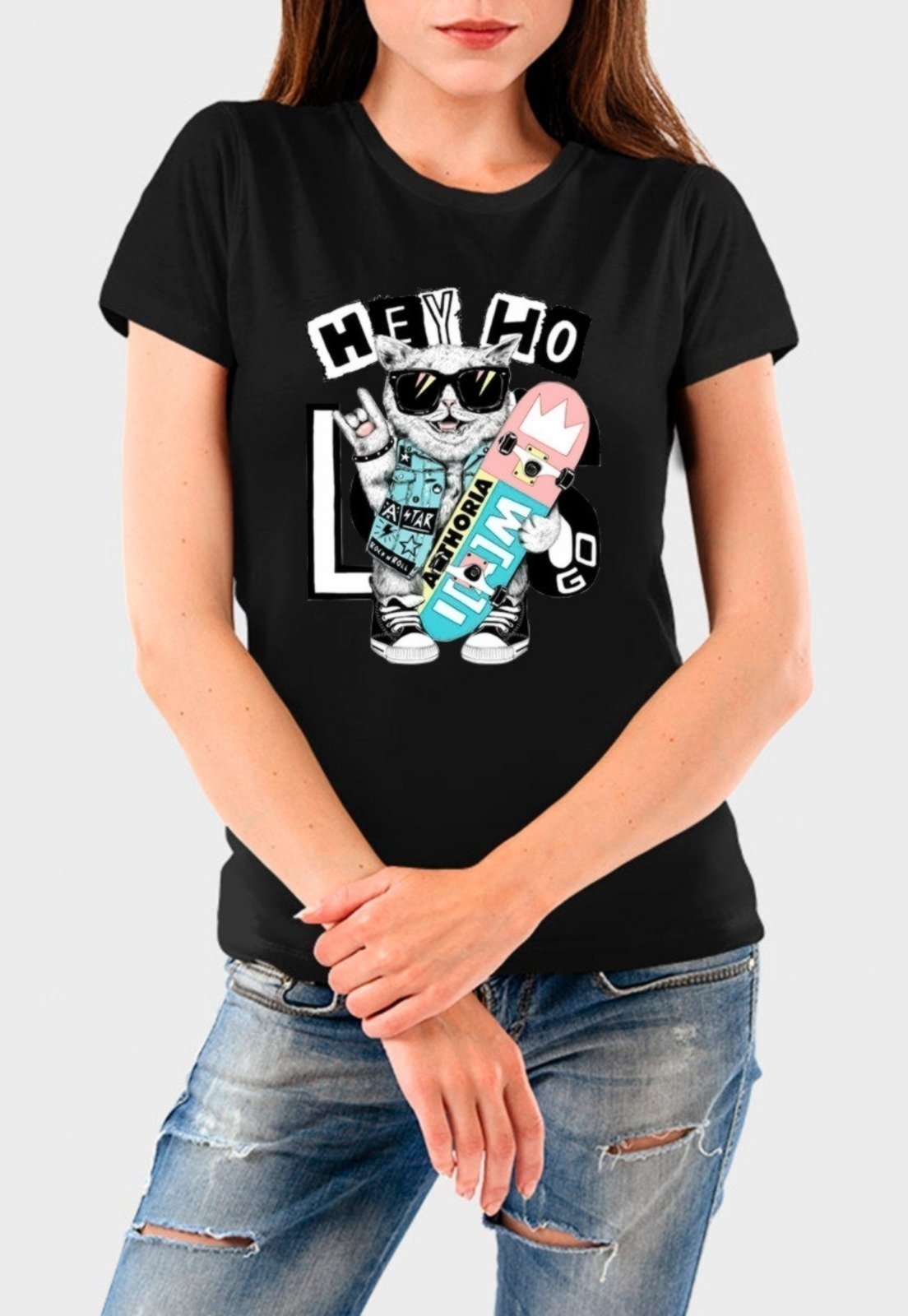 Camiseta Feminina Preta Cat Algodão Premium Benellys
