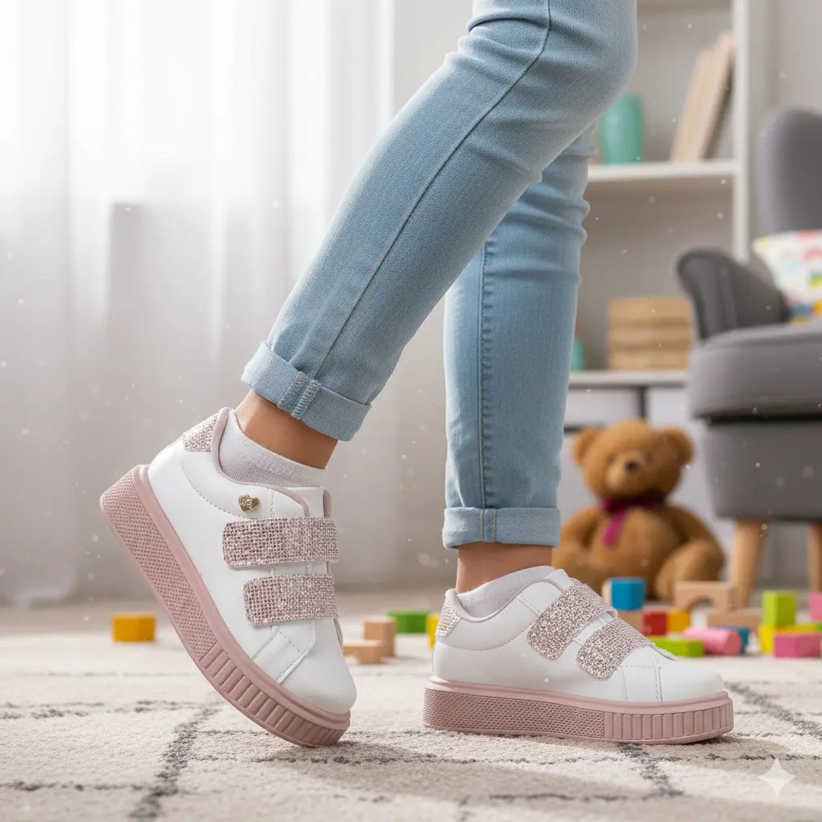 Infantil - Tênis Juliette Menina Casual Footz Confortável Leve Flatform Calce Fácil Slip On Glitter Branco