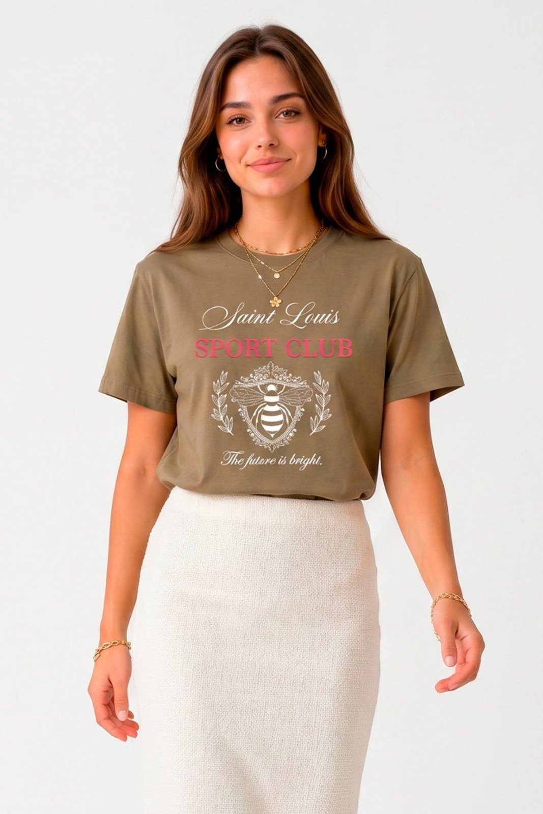 T-shirt Feminina Cianitas Caqui Estampa Abelha