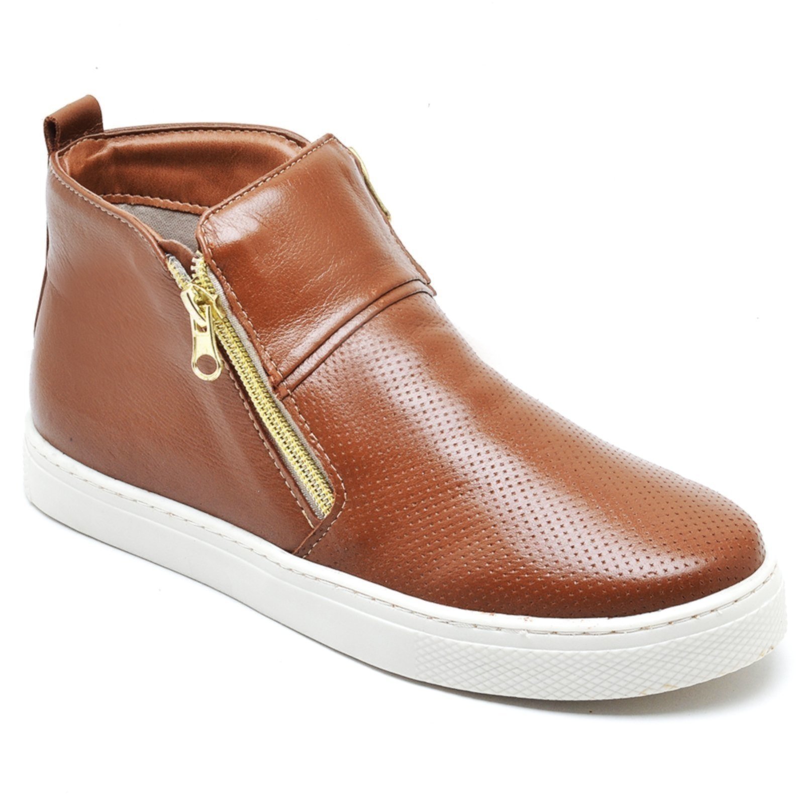 Tênis Cano Alto Nine4 Slip on Casual Em Couro Caramelo