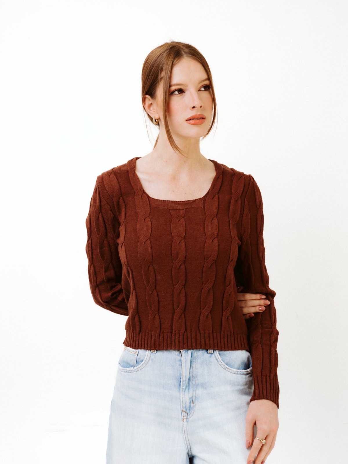 Blusa La Cor Tricot Tranças Gola Quadrada Marrom