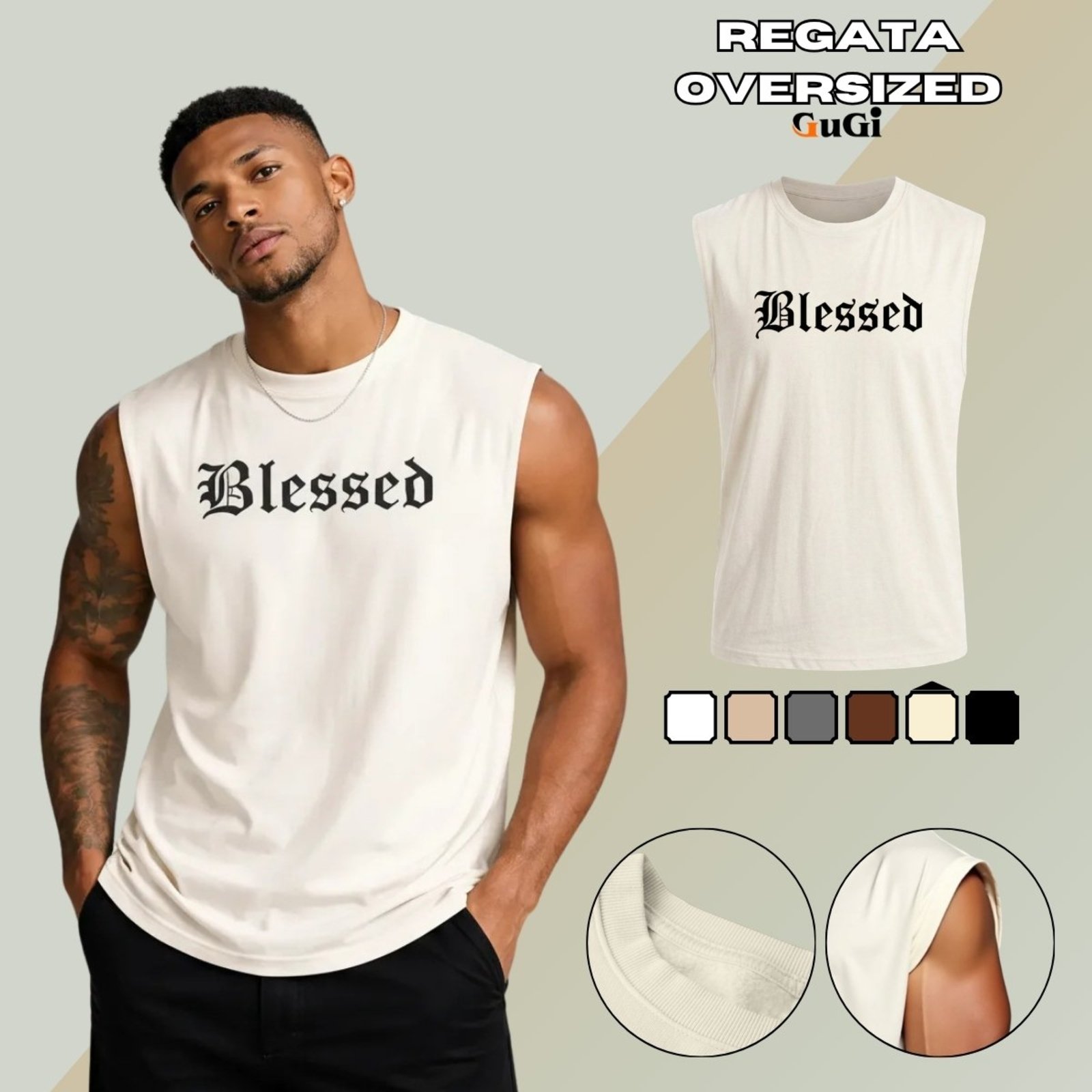 Camiseta Regata Masculina Oversized Estampada Blessed Abençoado 100% Algodão Off White